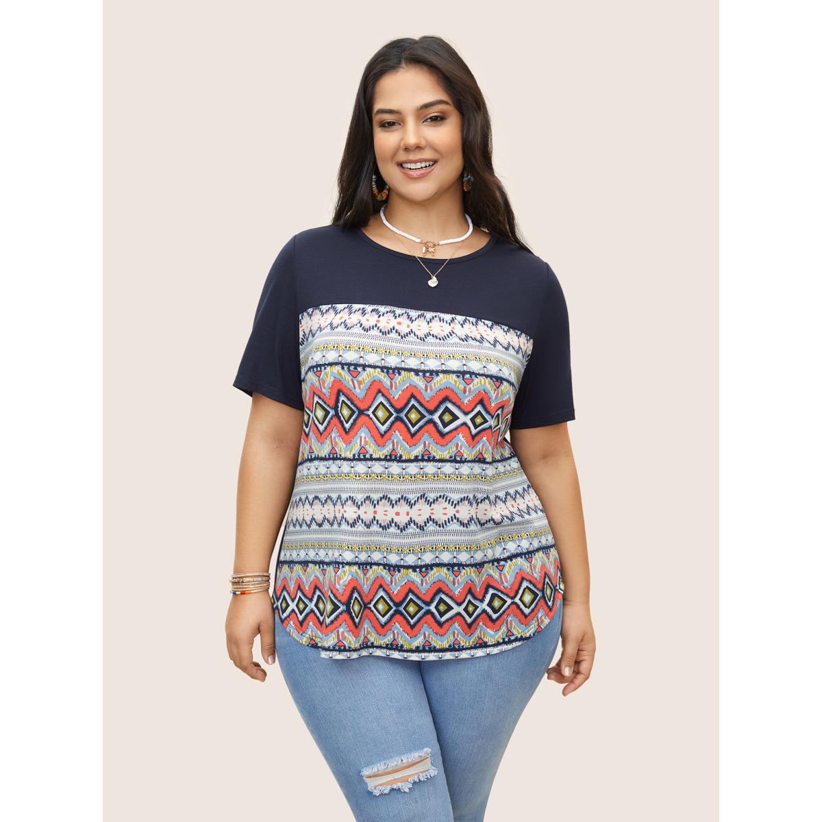 Plus Size Round Neck Bandana Print Patchwork T-shirt Indigo Women Resort Contrast Art&design Round Neck Vacation T-shirts BloomChic 12/L Product Image