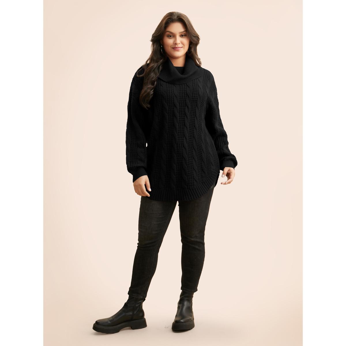 Plus Size Turtleneck Cable Knit Curved Hem Pullover Black Women Casual Loose Long Sleeve Turtleneck Everyday Pullovers BloomChic 22-24/3X Product Image