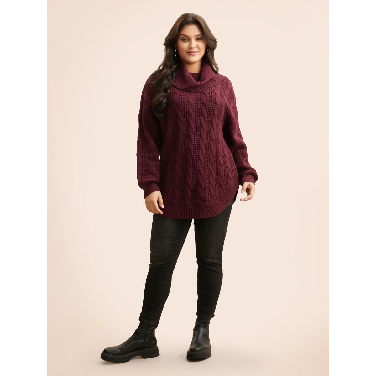 Plus Size Turtleneck Cable Knit Curved Hem Pullover Burgundy Women Leisure Loose Long Sleeve Turtleneck Casual Pullovers BloomChic 28/5X Product Image