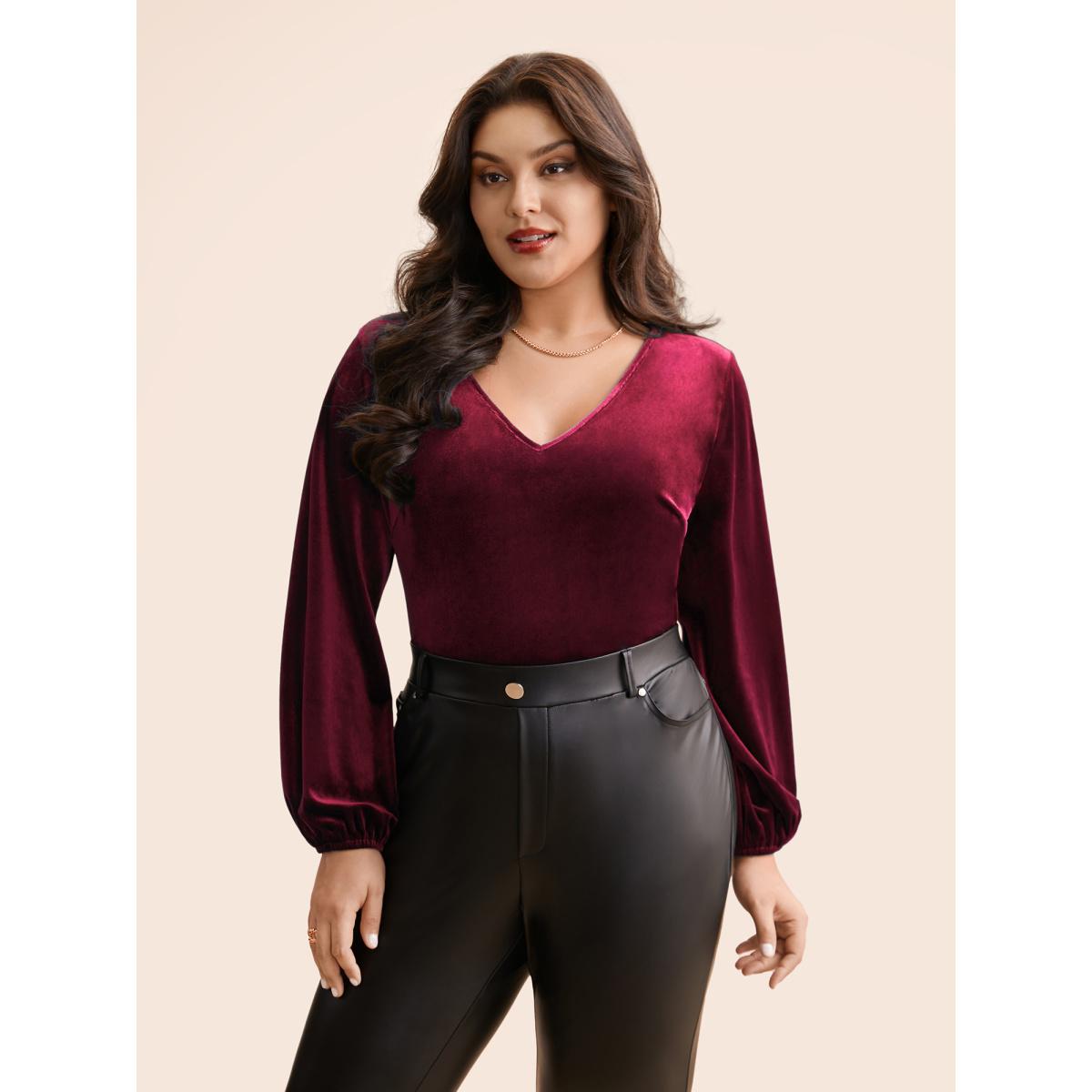 Plus Size Burgundy V Neck Velvet Lantern Sleeve Blouse Women Elegant Long Sleeve V-neck Everyday Blouses BloomChic 10/M Product Image