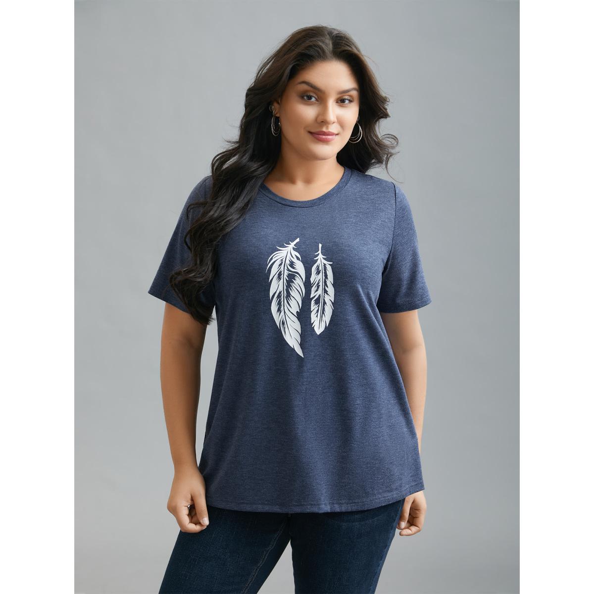Plus Size Round Neck Feather Pattern T-Shirt Indigo Women Casual Non Art&design Round Neck Everyday T-shirts BloomChic 30/6X Product Image