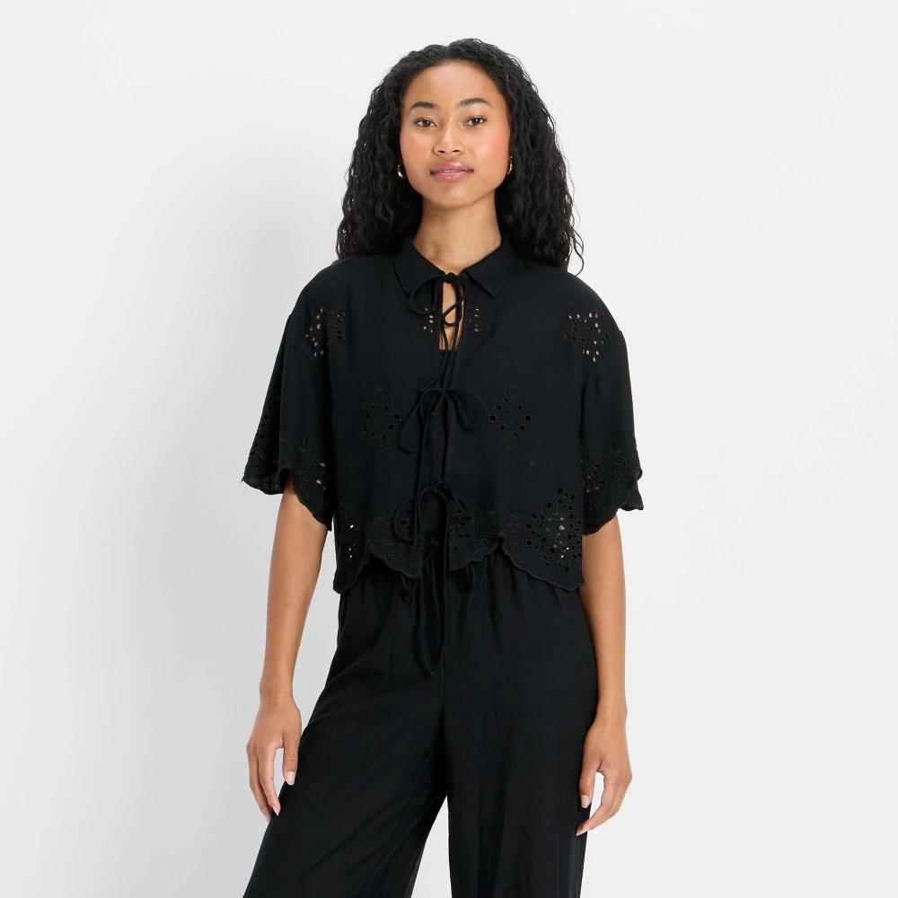 Women's Short Sleeve Embroidered Tie-Front Blouse - Future Collective Black 2X Product Image