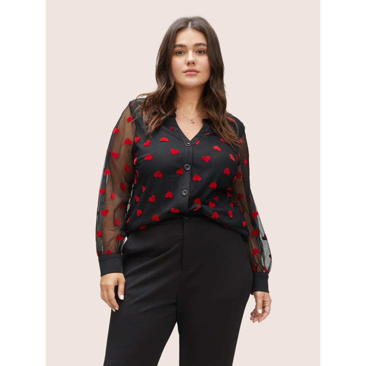 Plus Size Black Heart Mesh Patchwork V Neck Blouse Women Cocktail Long Sleeve V-neck Party Blouses BloomChic 10/M Product Image