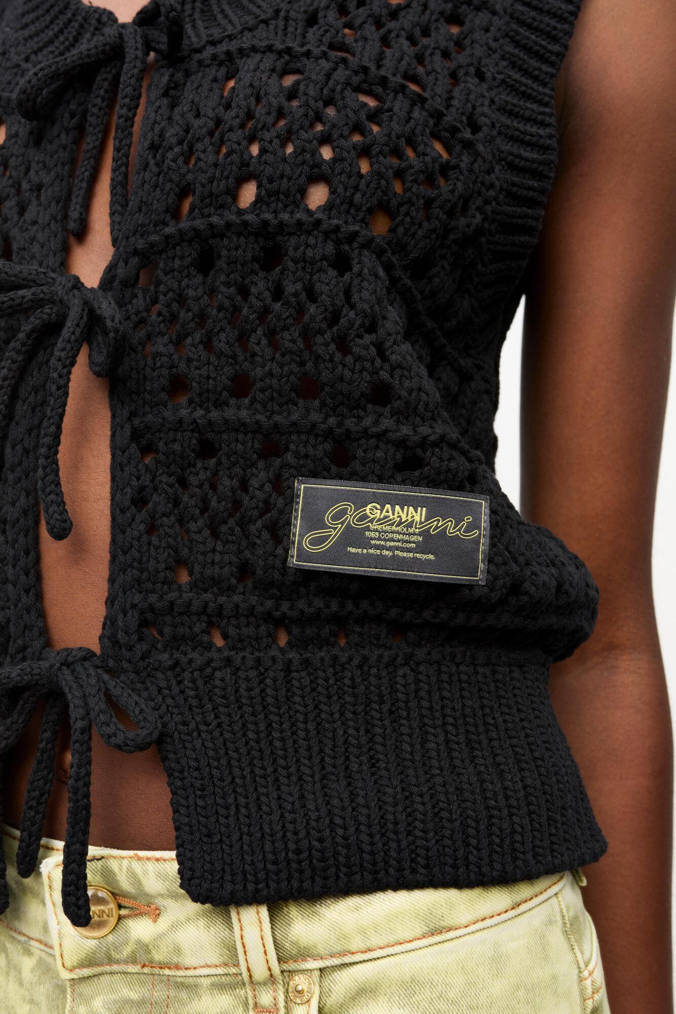 Black Crochet Tie String Vest Product Image