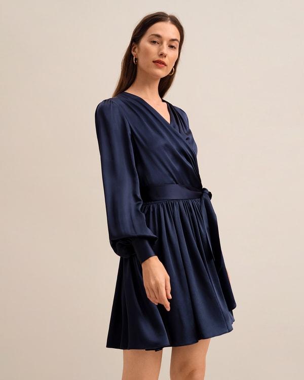 LILYSILK Long Sleeve Silk Dress for Women Navy Blue Pure Silk Glossy Puff Sleeves Skin-Friendly and Breathable S Product Image