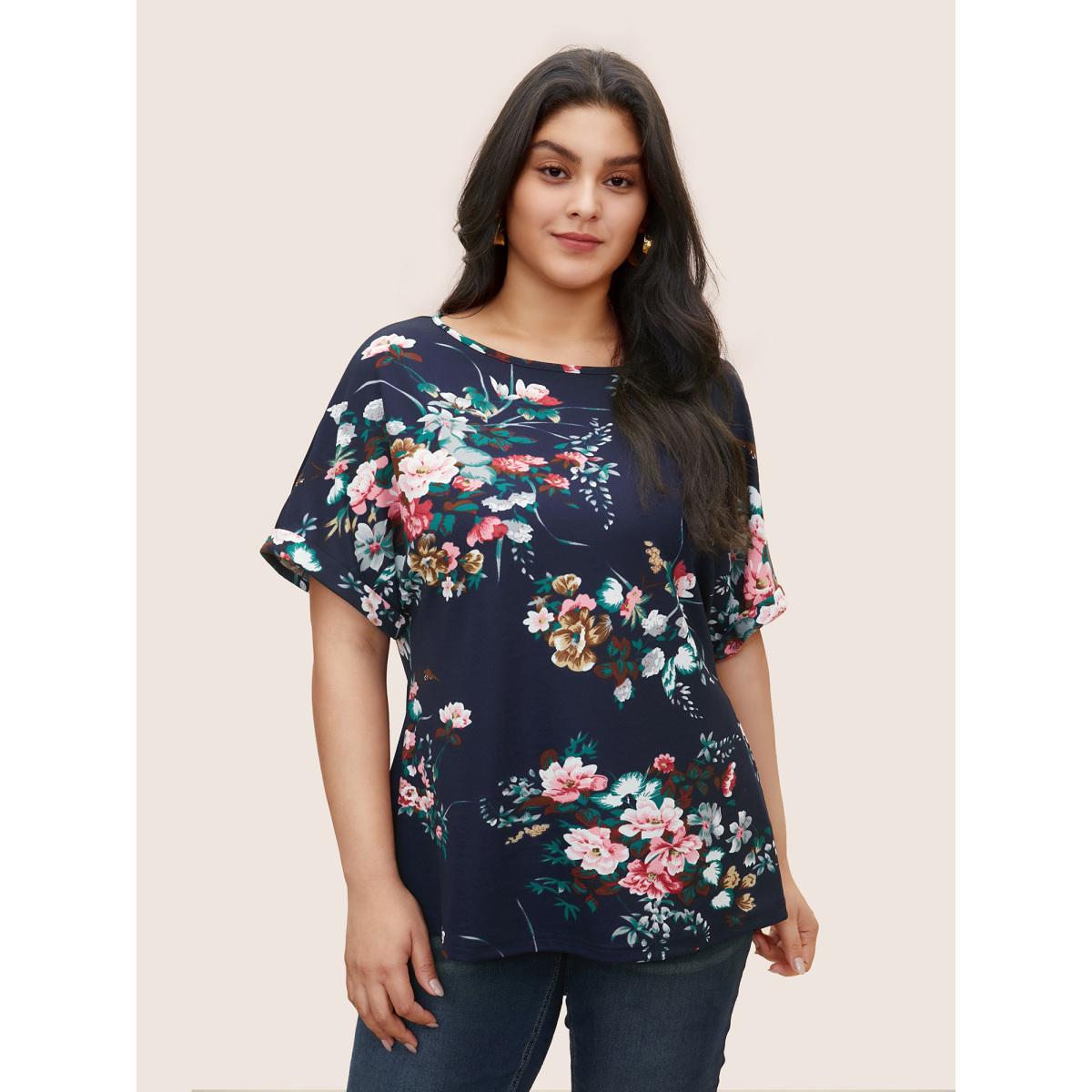Plus Size Floral Print Crew Neck Cuffed Sleeve T-shirt Midnight Women Casual Non Floral Round Neck Everyday T-shirts BloomChic 18-20/2X Product Image