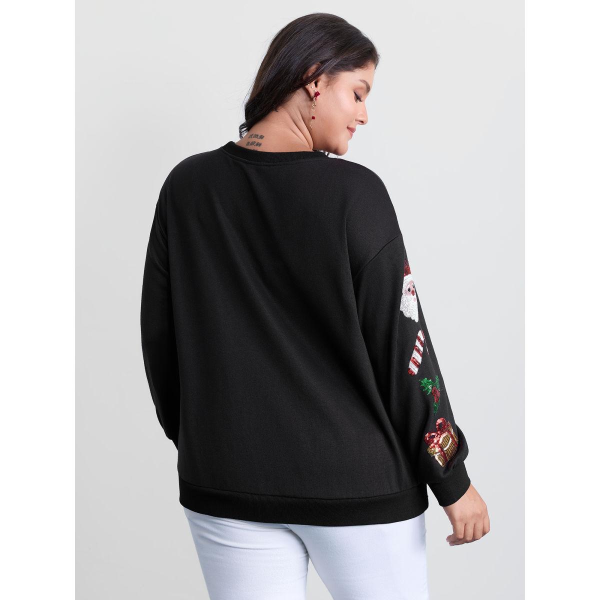 Plus Size Holiday Sequin Embroidery Relaxed-Fit Sweatshirt Women Black Leisure Round Neck Casual Sweatshirts BloomChic 14-16/1X Product Image