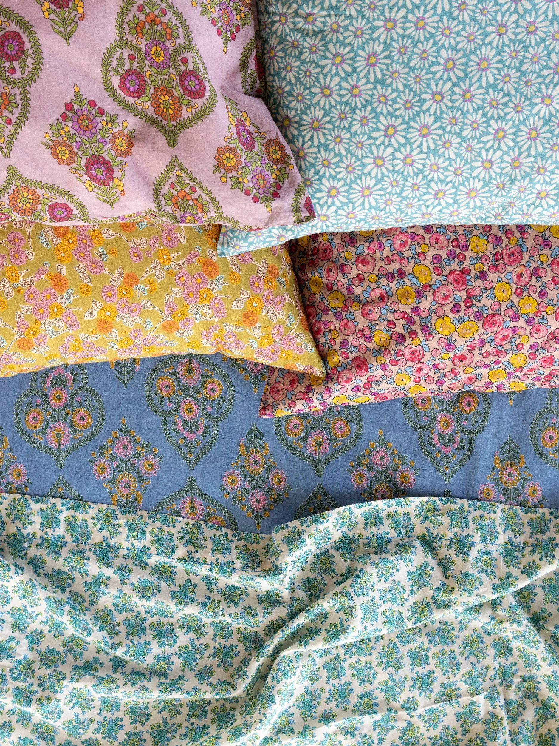 Mix & Match Cotton Flat Sheet - Turquoise Folk Floral Product Image