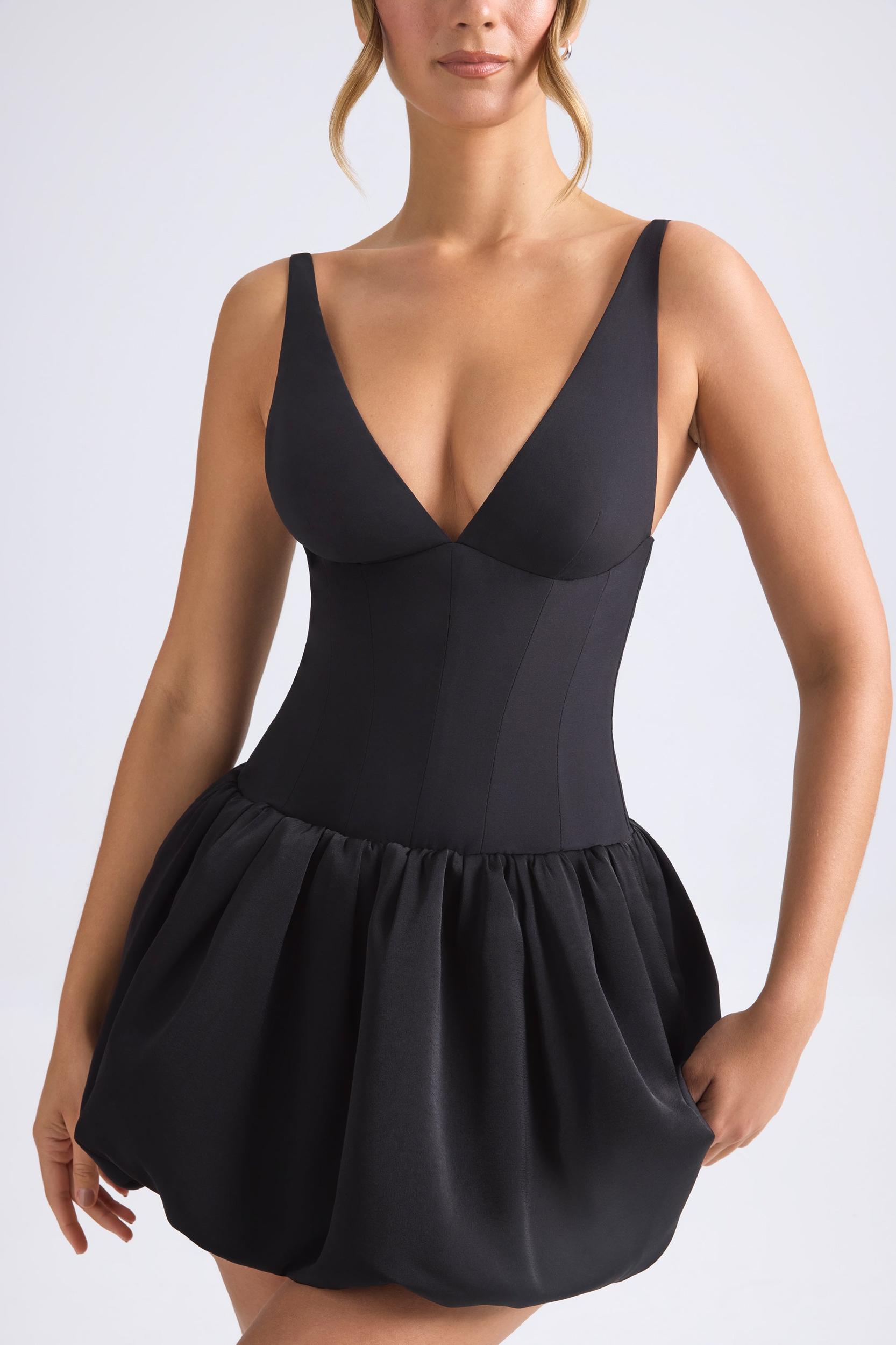 Lace-Up Bubble Hem Corset Micro Mini Dress in Black Product Image