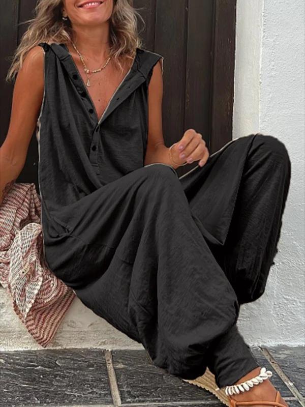 Hooded Loose Buttoned Solid Color V-neck Jumpsuits Product Image