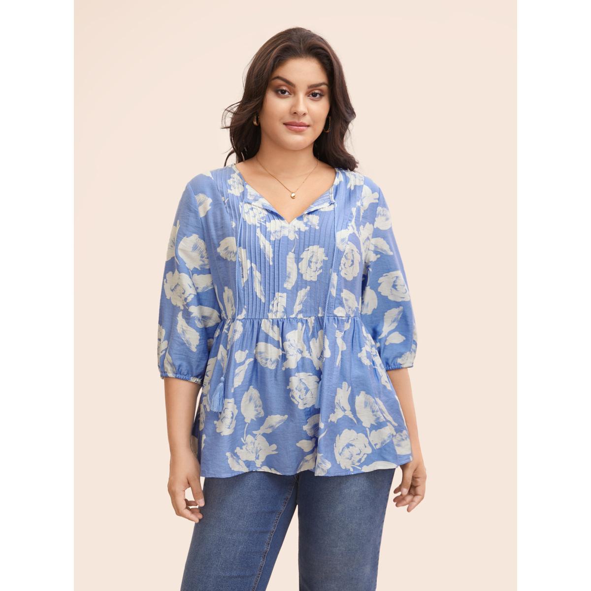 Plus Size LightBlue Floral Pleated Tassel Trim Lantern Sleeve Blouse Women Elegant Elbow-length sleeve V-neck Everyday Blouses BloomChic 18-20/2X Product Image