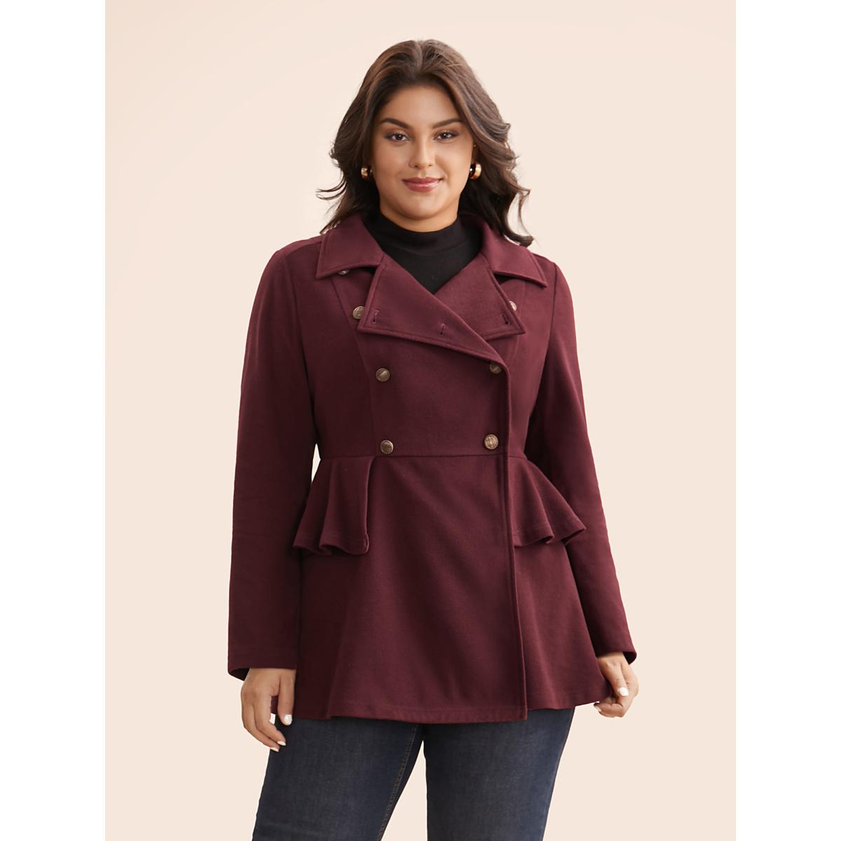 Plus Size Plain Button Up Ruffle Trim Coat Women Scarlet Elegant Button Bodycon Ladies Everyday Winter Coats BloomChic 14-16/1X Product Image