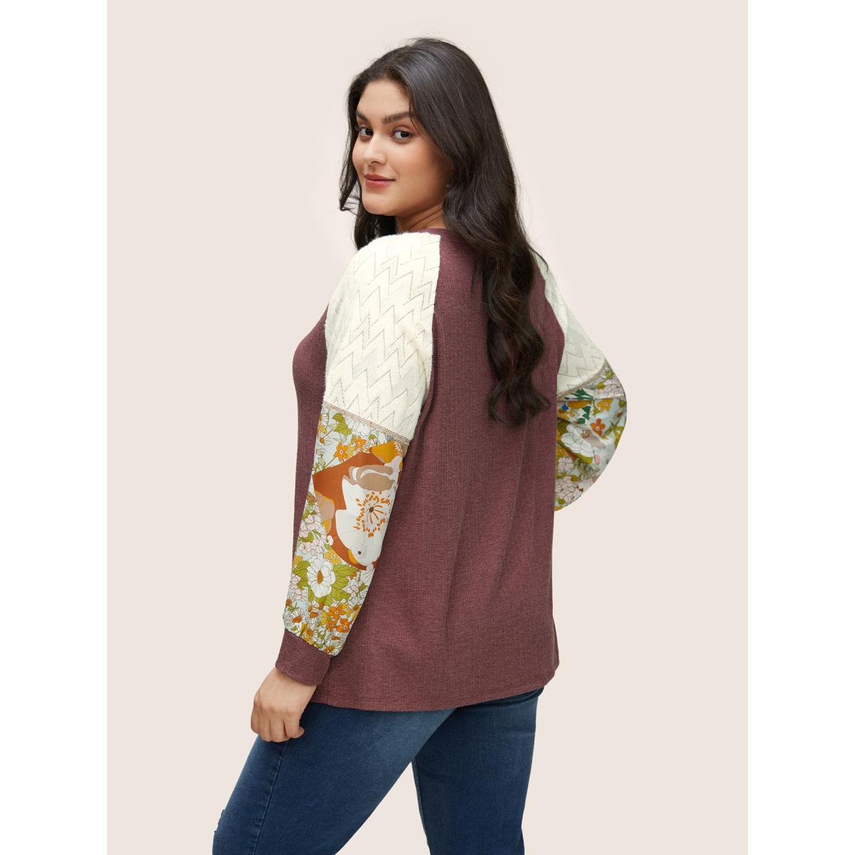 Plus Size Floral Patchwork Textured Raglan Sleeve Stitch T-shirt Russet Women Resort Texture Natural Flowers Round Neck Vacation T-shirts BloomChic 26/4X Product Image