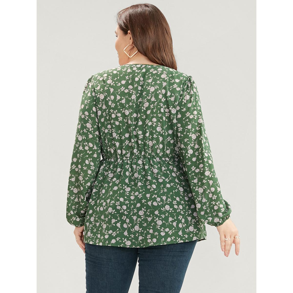 Plus Size Green Ditsy Floral V Neck Lantern Sleeve Blouse Women Elegant Long Sleeve V-neck Dailywear Blouses BloomChic 10/M Product Image