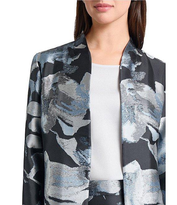Ming Wang Woven Floral Print Mandarin Collar Long Sleeve Open Front Coordinating Jacket Product Image
