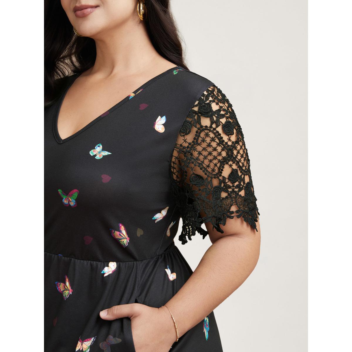 Plus Size Butterfly Print V-Neck Lace Midi Dress Multicolor Women Casual Woven ribbon&lace trim Knit Dresses Bloomchic 26/4X Product Image