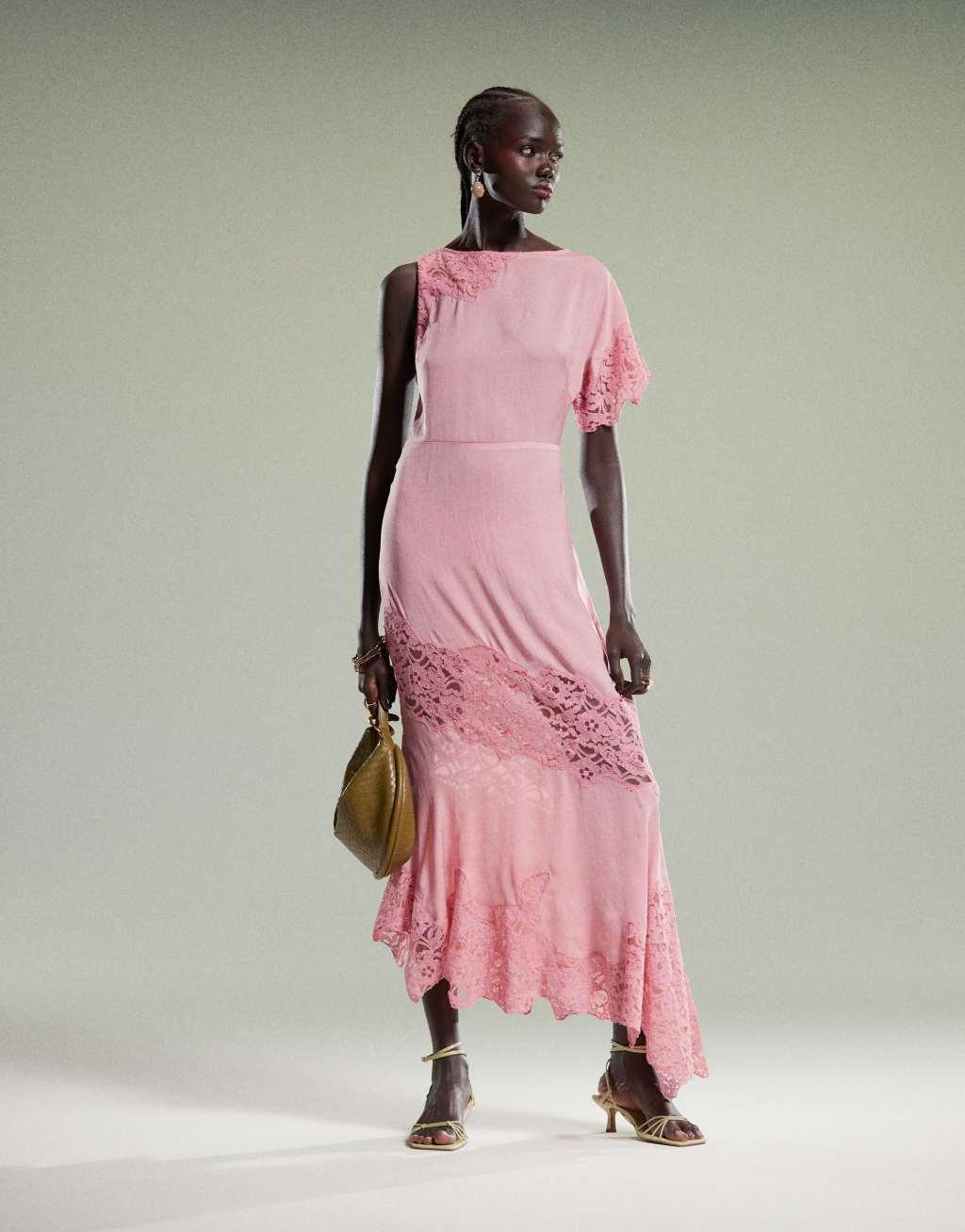 ASOS DESIGN flutter sleeve midi dress with lace detail in pink Product Image