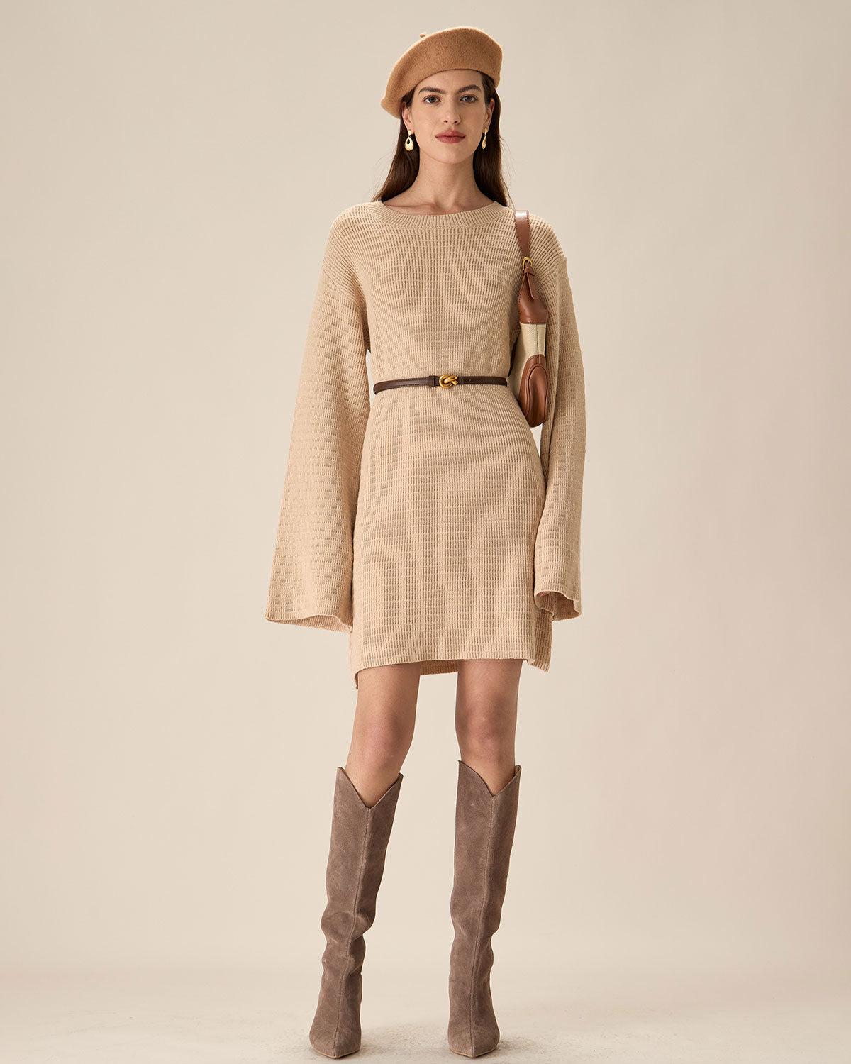 Beige Drop Shoulder Sweater Mini Dress Product Image