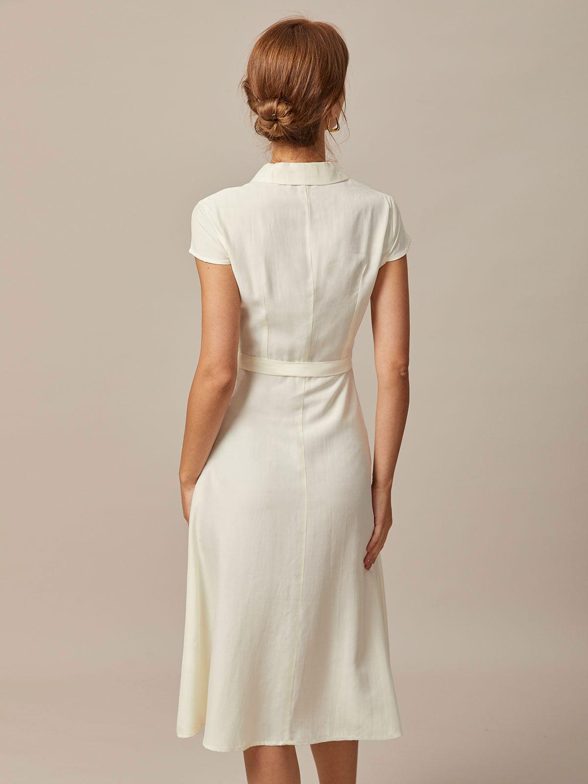 The Beige Lapel Cap Sleeve Shirt Midi Dress Product Image