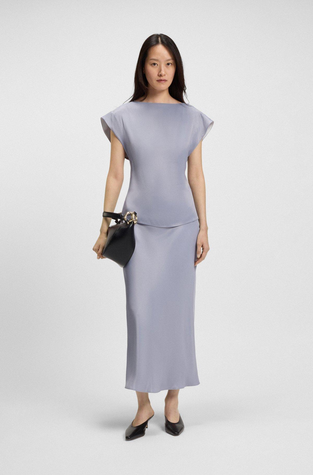 Slim-fit satin blouse with draped neckline Product Image