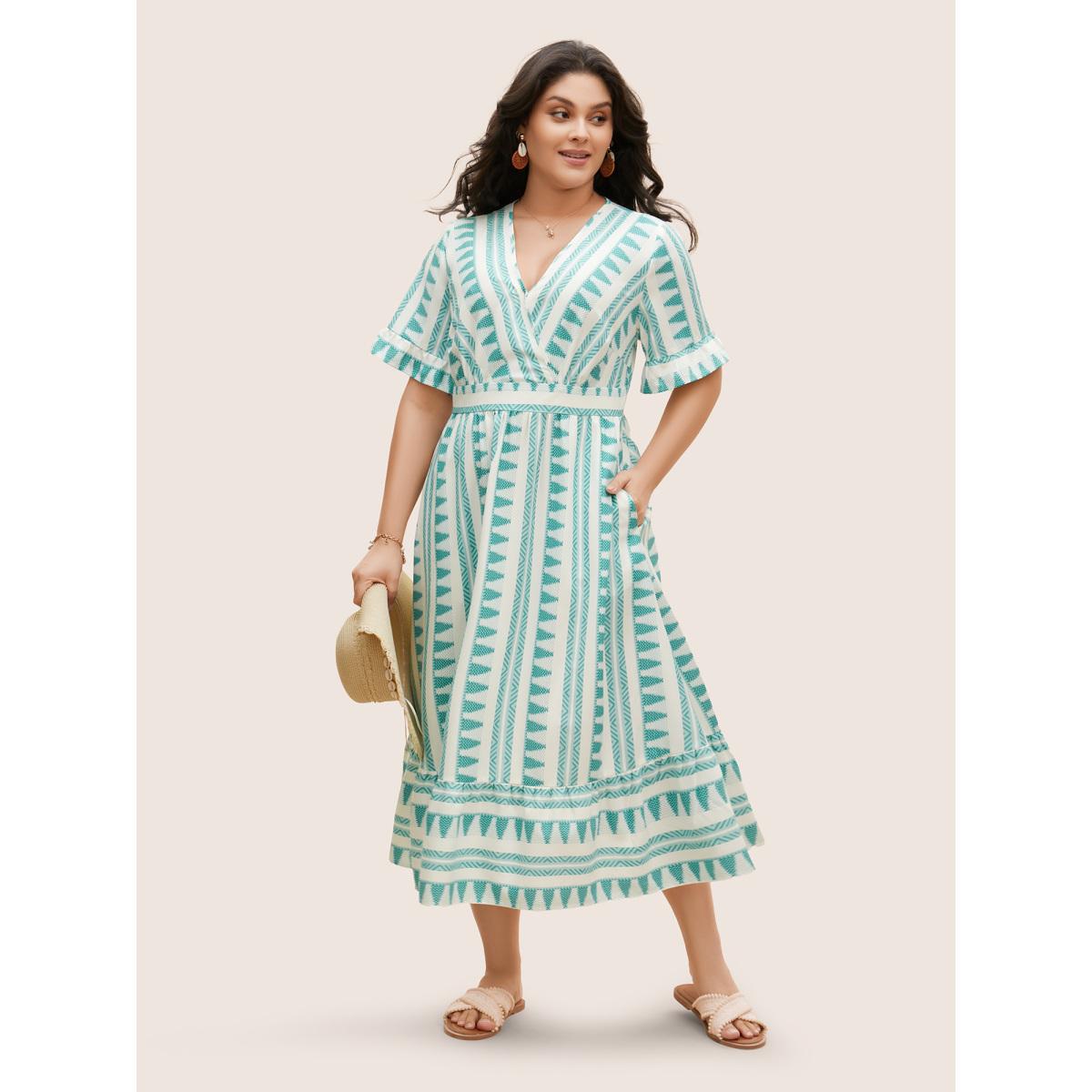 Plus Size Bandana Striped Overlap Collar Flutter Hem Dress Turquoise Women Resort Ruffles Overlap Collar Short sleeve Curvy BloomChic 28/5X Product Image