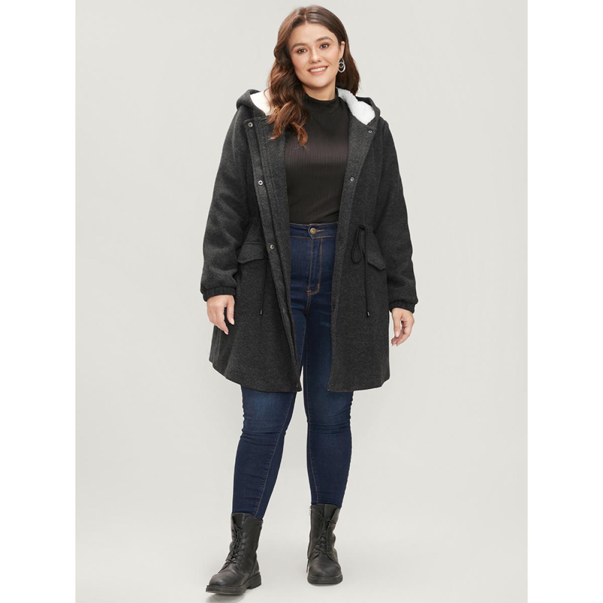 Plus Size Solid Flap Pocket Button Up Drawstring Teddy Lined Hooded Coat Women Black Casual Plain Loose Ladies Dailywear Winter Coats BloomChic 26/4X Product Image