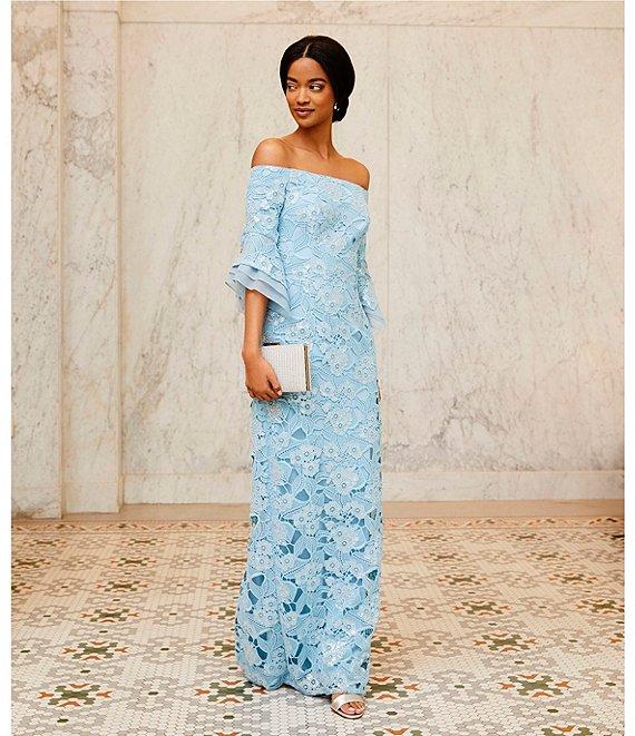 Adrianna Papell Sequin Lace Off-The-Shoulder Neck 3/4 Flutter Sleeve Column Gown Product Image