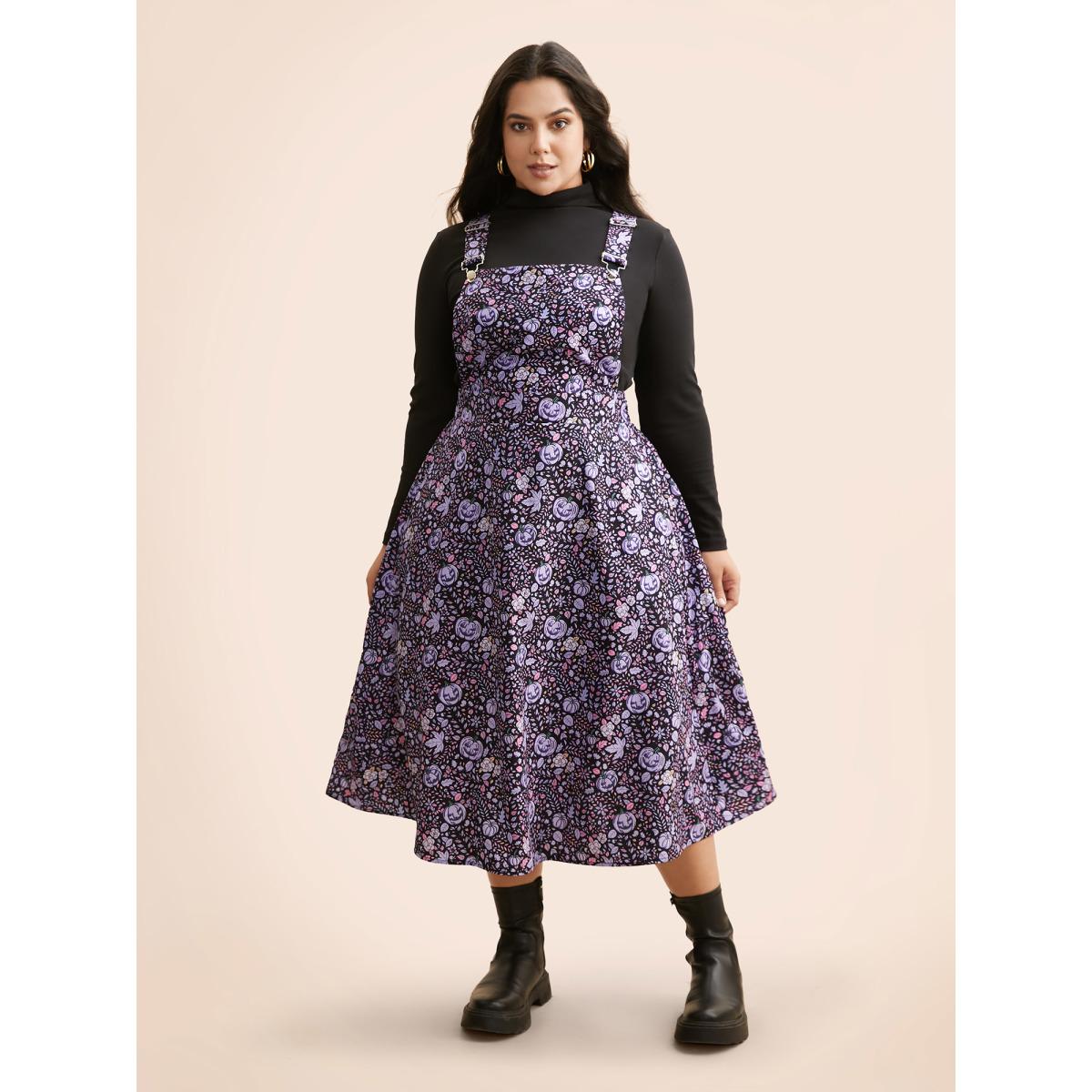 Plus Size Pumpkin Print Suspender Midi Dress BlueViolet Women Casual Non Party Curvy Bloomchic 28/5X Product Image