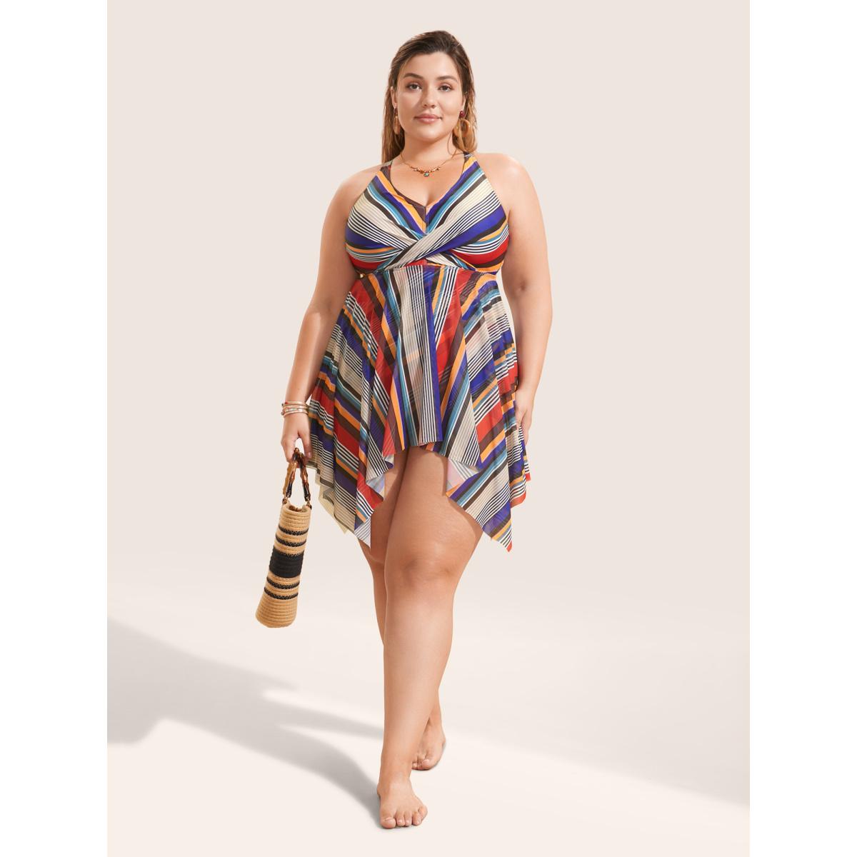 Plus Size Color Stripes Twist Hanky Hem Swim Dress Women's Swimwear Multicolor Beach Bodycon V-neck High stretch Curve Swim Dresses BloomChic 26/4X Product Image