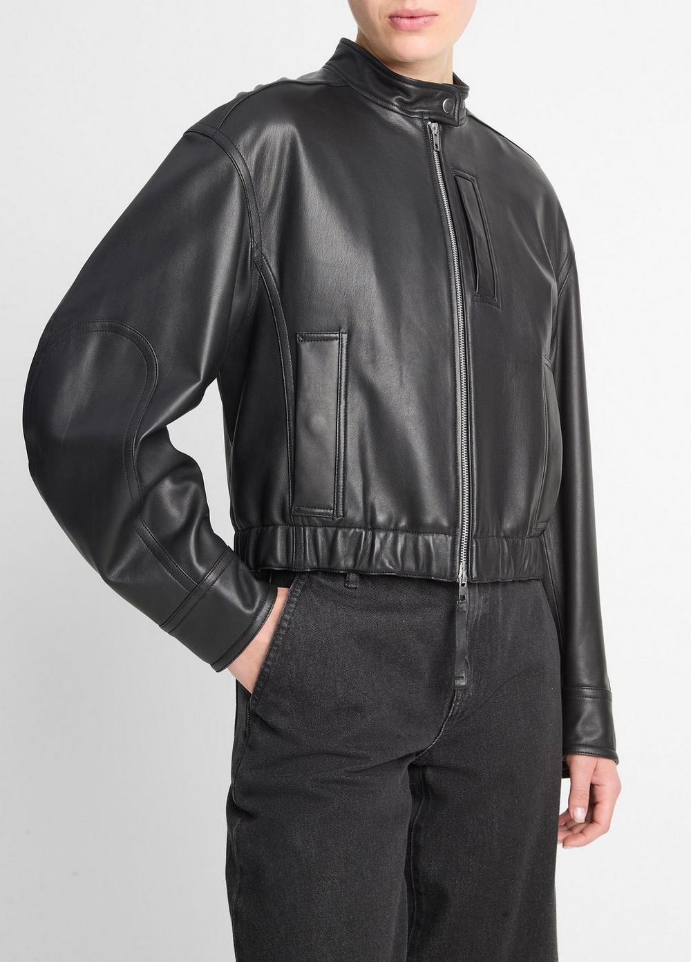 Leather Cropped Bomber Jacket Product Image