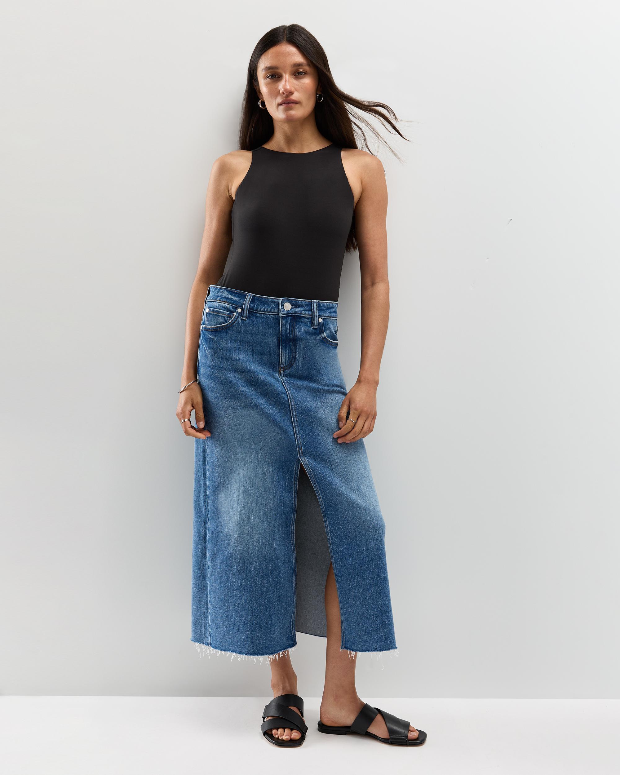 Quince | Women's Stretch Denim 5-Pocket Midi Skirt Organic Cotton Product Image
