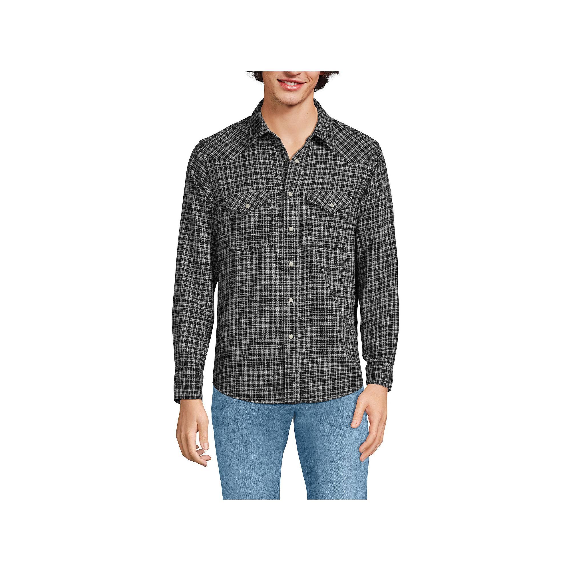 Men's Lands' End Plaid Western-Style Shirt, Size: XL, Black Gray Plaid Product Image