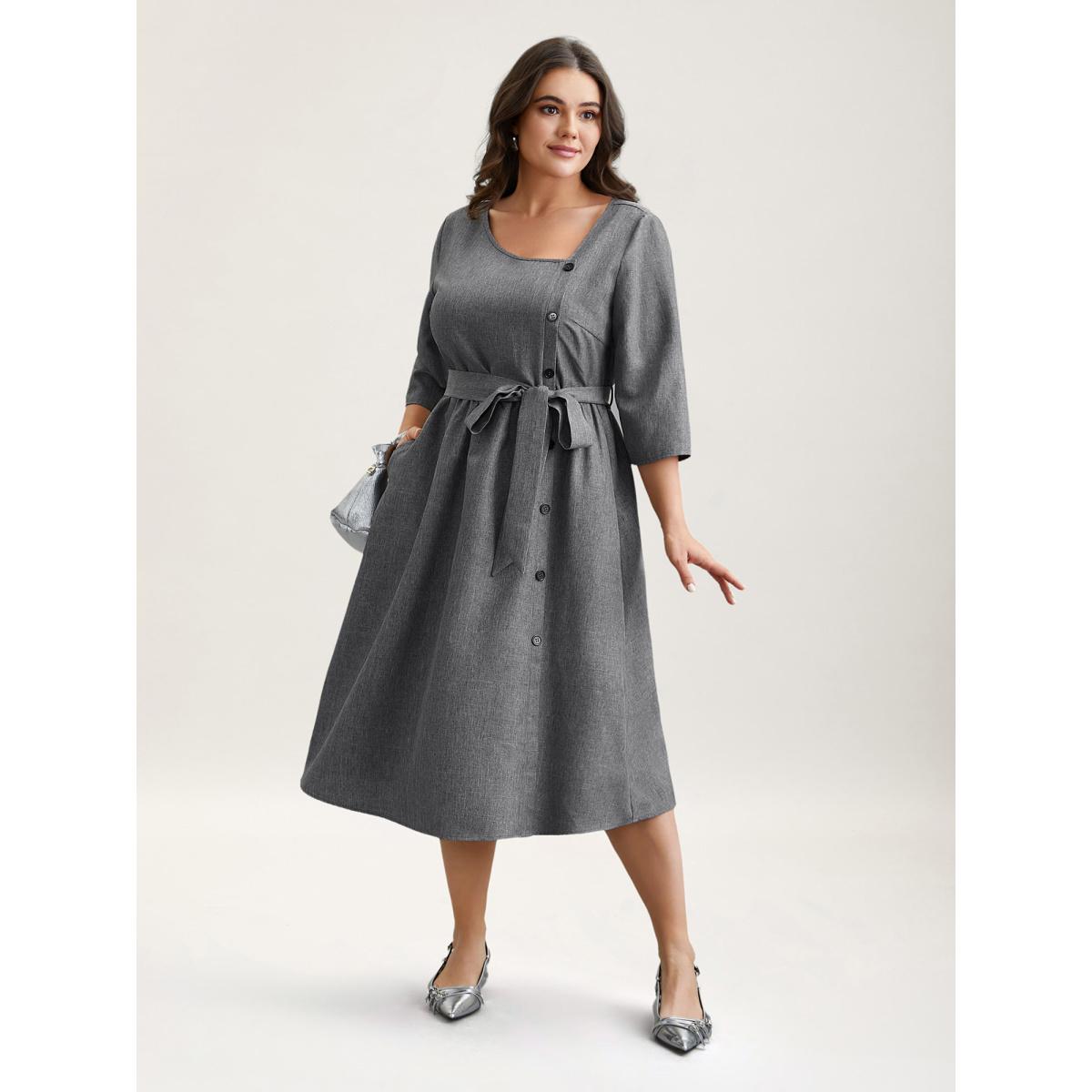 Plus Size Asymmetrical Neckline Belted Pockets Midi Dress DarkGray Women At the Office Belted Asymmetrical Neck Elbow-length sleeve Curvy BloomChic 30/6X Product Image