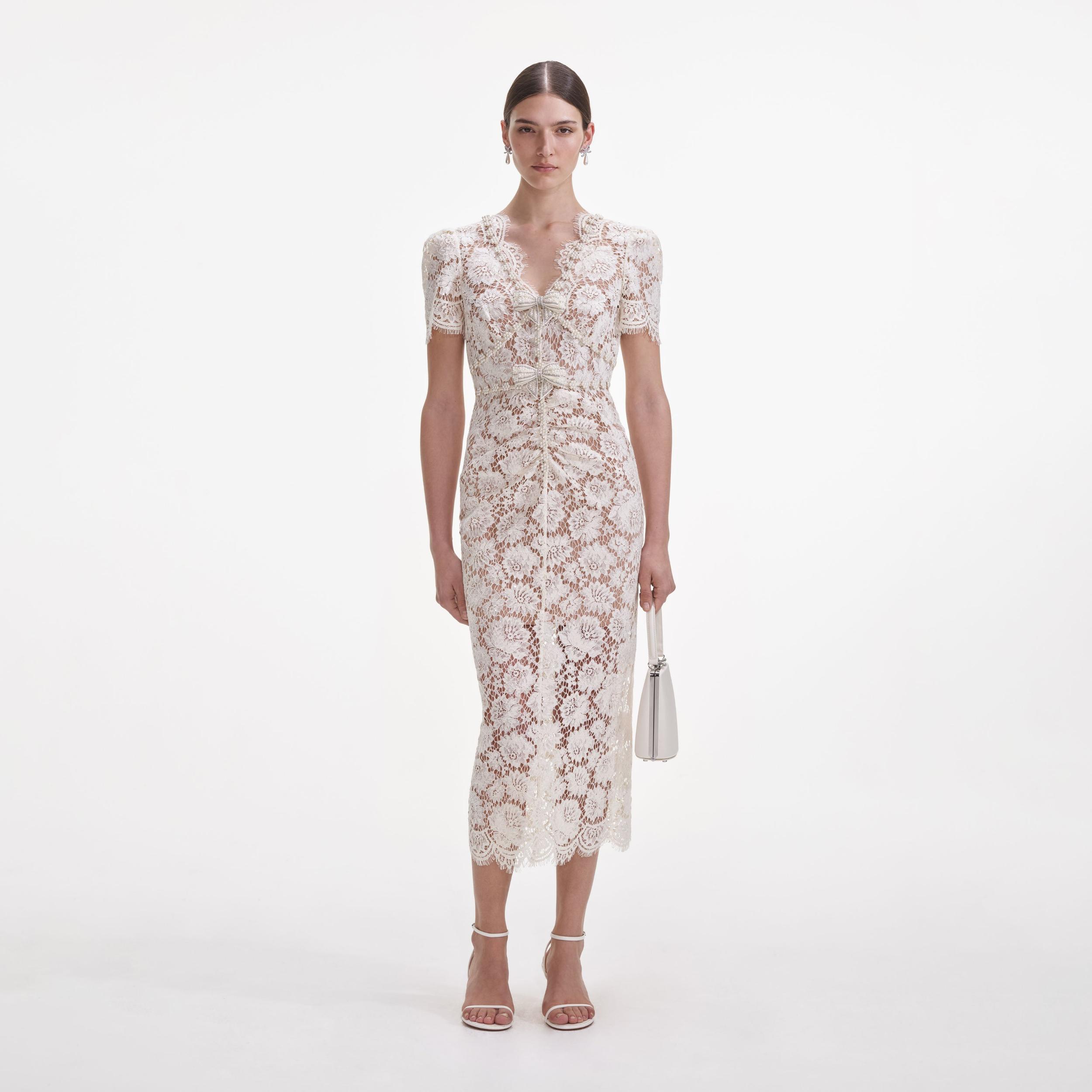 Cream Fine Lace Pearl Midi Dress Product Image