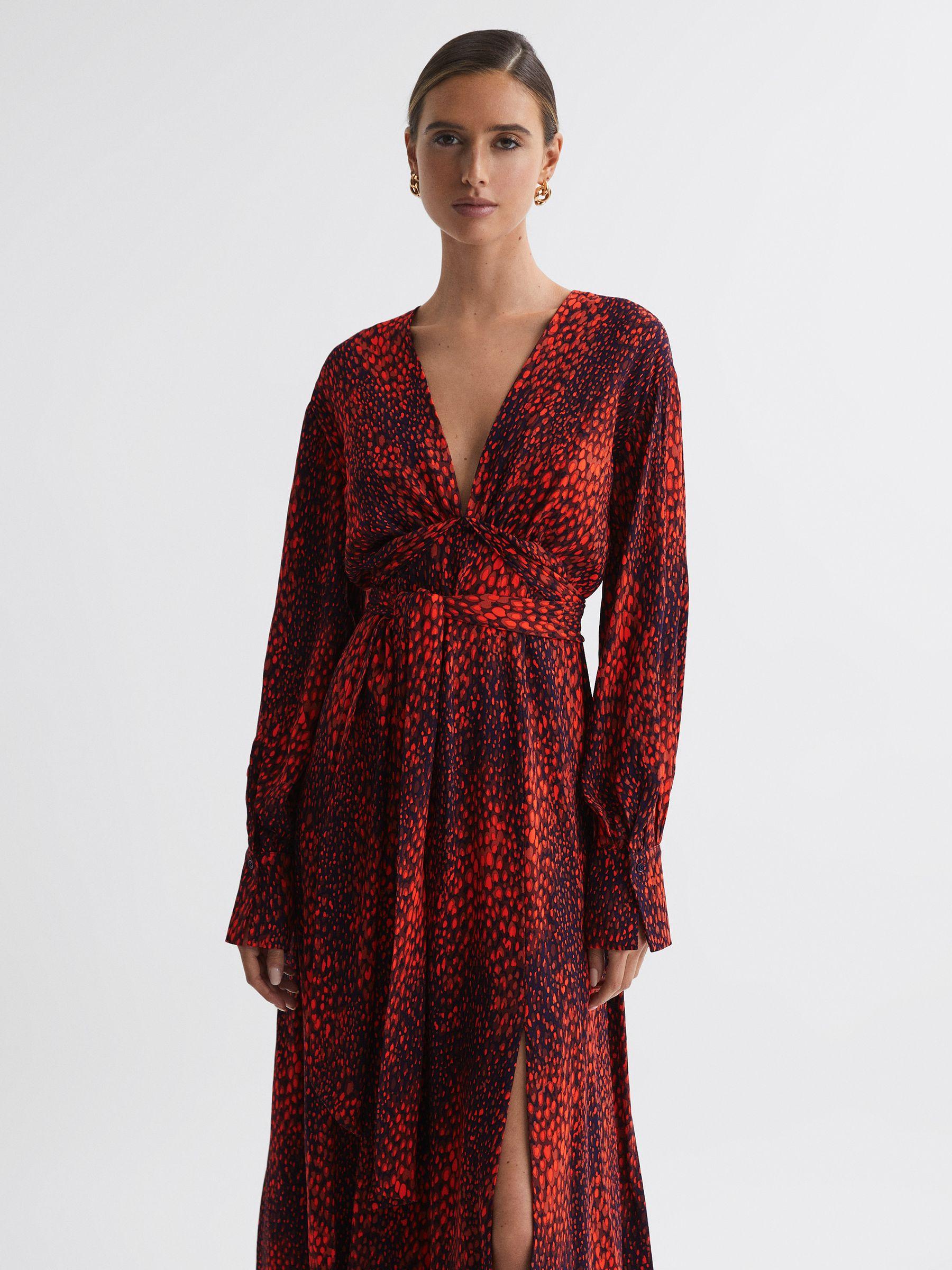 Animal Print Blouson Sleeve Midi Dress in Red Product Image