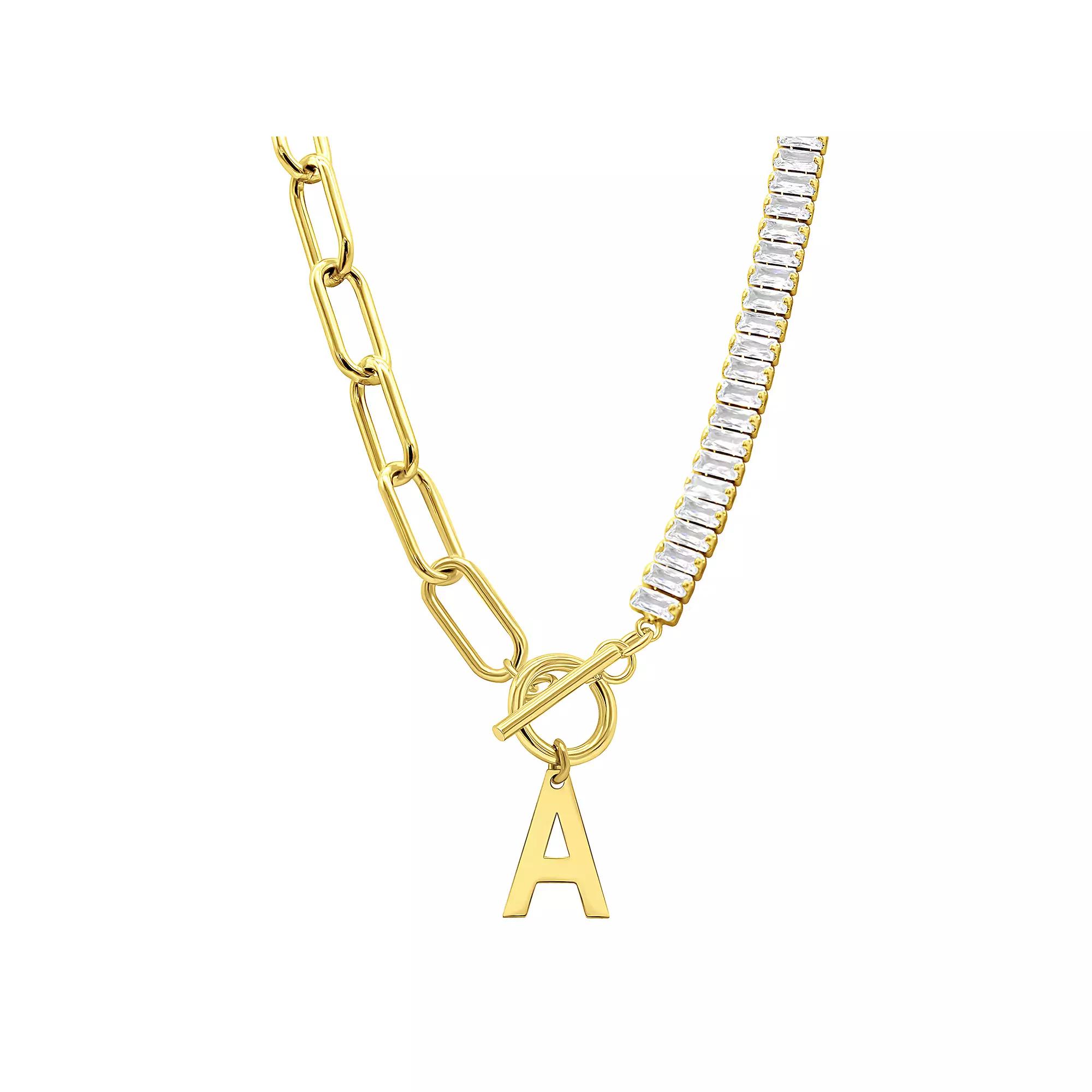 Adornia Gold Tone Half Crystal & Half Paperclip Initial Toggle Necklace, Womens Product Image