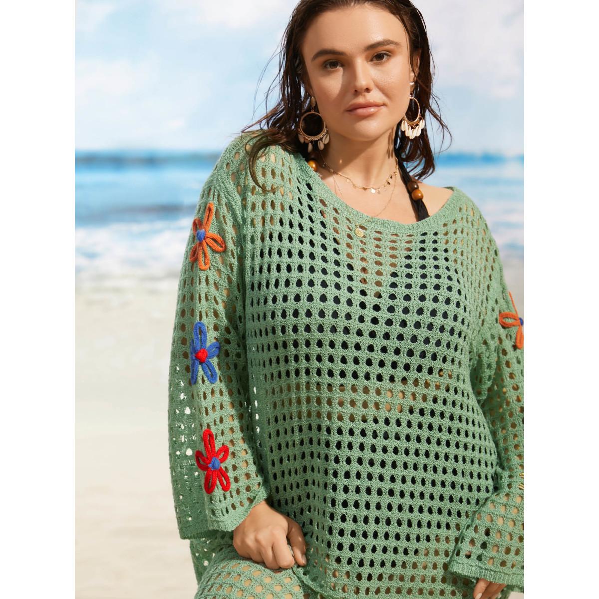 Plus Size Boat Neck Crochet Floral Cut Out Swim Cover Up Women's Swimwear Mint Beach Loose Crochet Curve Swim Cover Ups BloomChic 14-16/1X Product Image