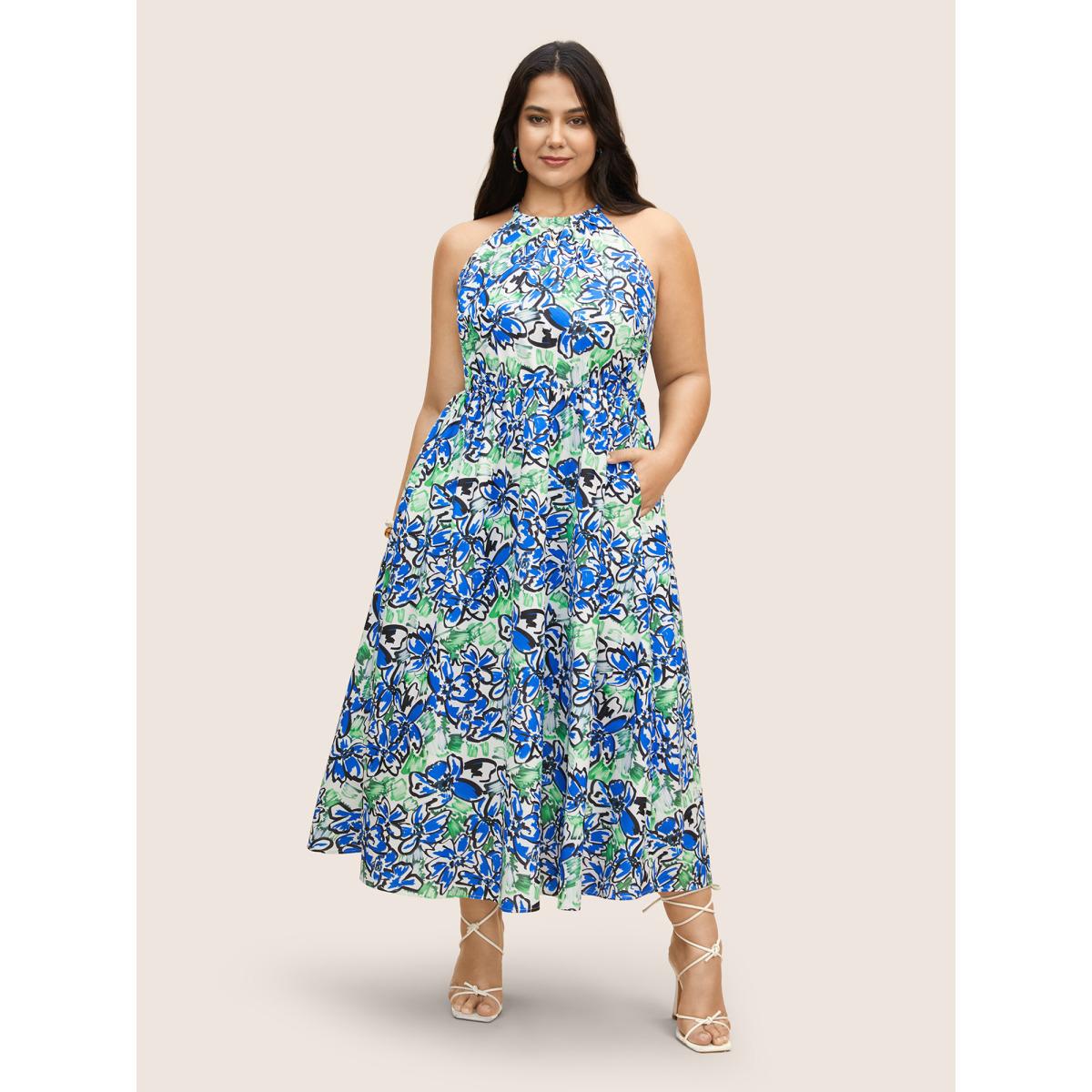 Plus Size Floral Print Elastic Waist Pocket Halter Neck Dress Mint Women Resort Non Halter neck Sleeveless Curvy BloomChic 22-24/3X Product Image