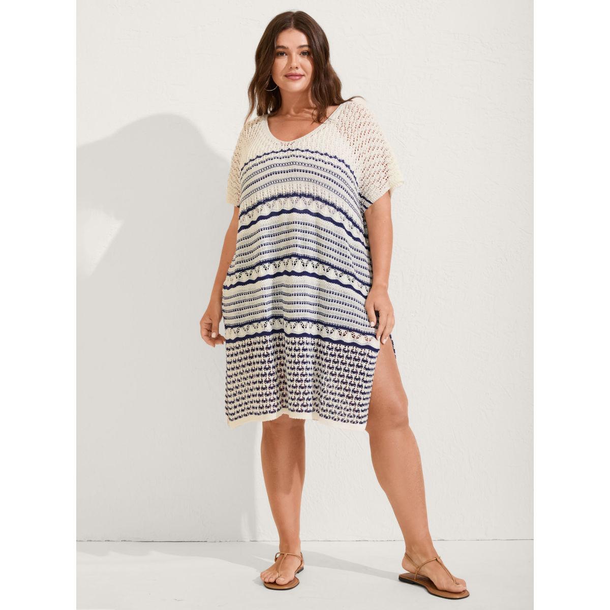 Plus Size Stripes Crochet V-Neck Swim Cover-Up Women's Swimwear Indigo Resort Loose Texture Curve Swim Cover Ups BloomChic 18-20/2X Product Image
