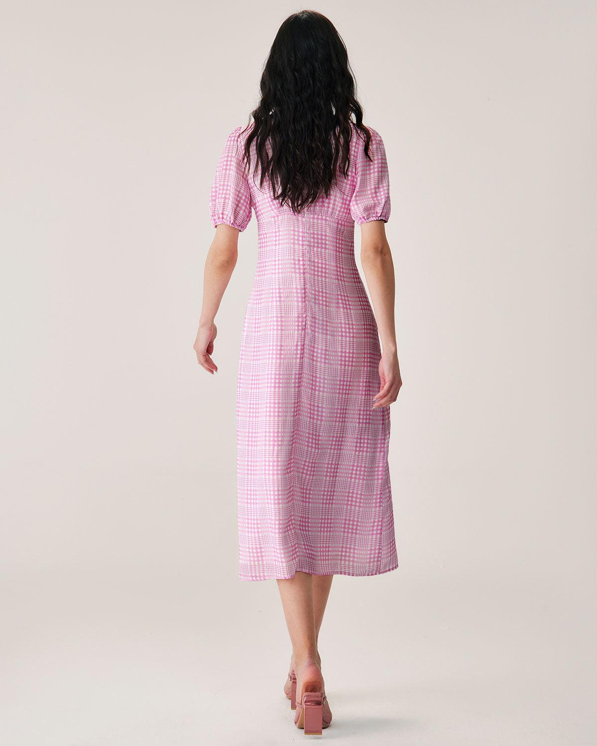 Pink Plaid V-Neck Midi Dress Product Image