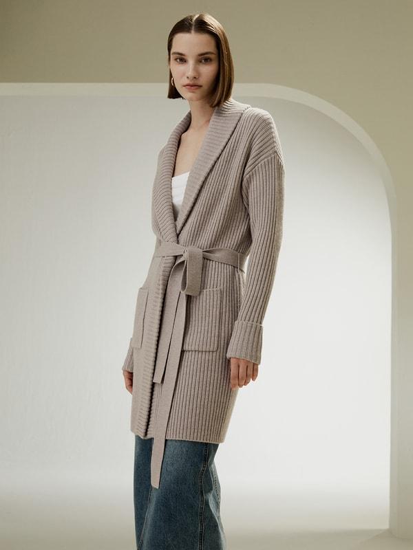 LILYSILK Wool Cardigans Womens Camel Pure Wool Elegant Belted Sweater L Product Image