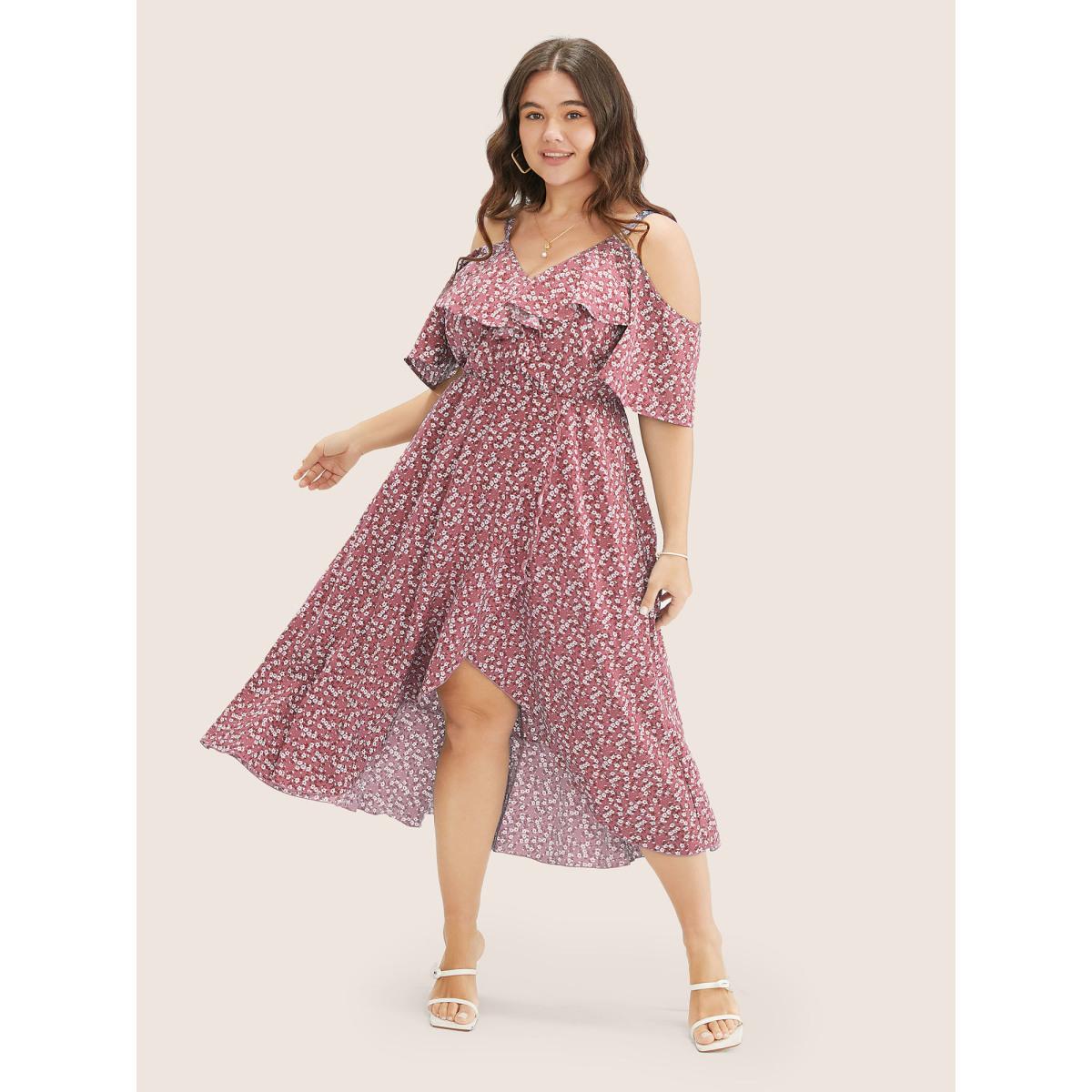 Plus Size Ditsy Floral Pocket Wrap Cold Shoulder Ruffle Dress DustyPink Women Romantic Non Overlap Collar Short sleeve Curvy Midi Dress BloomChic 26/4X Product Image