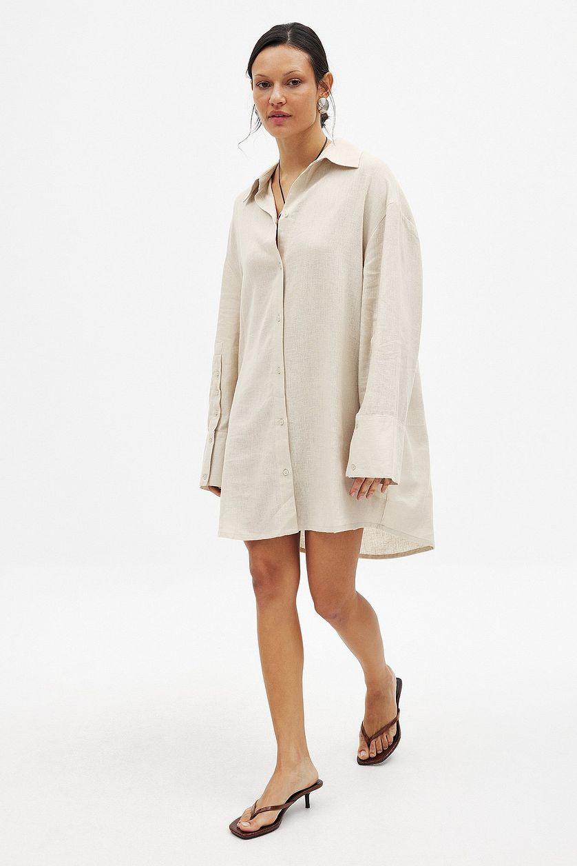 Linen Blend Mini Shirt Dress Product Image