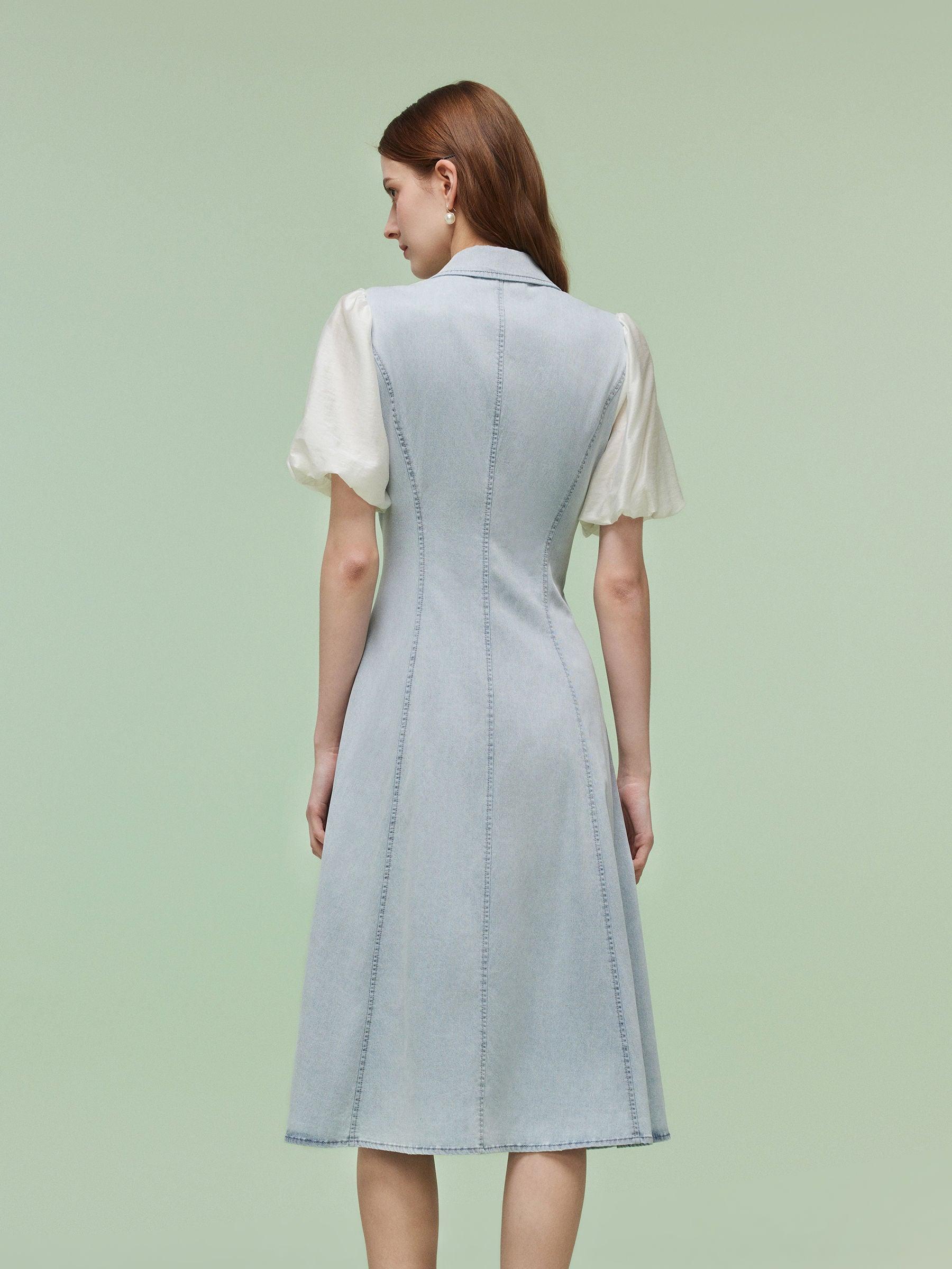 Denim Patchwork Women Puff-sleeved Midi Dress Product Image