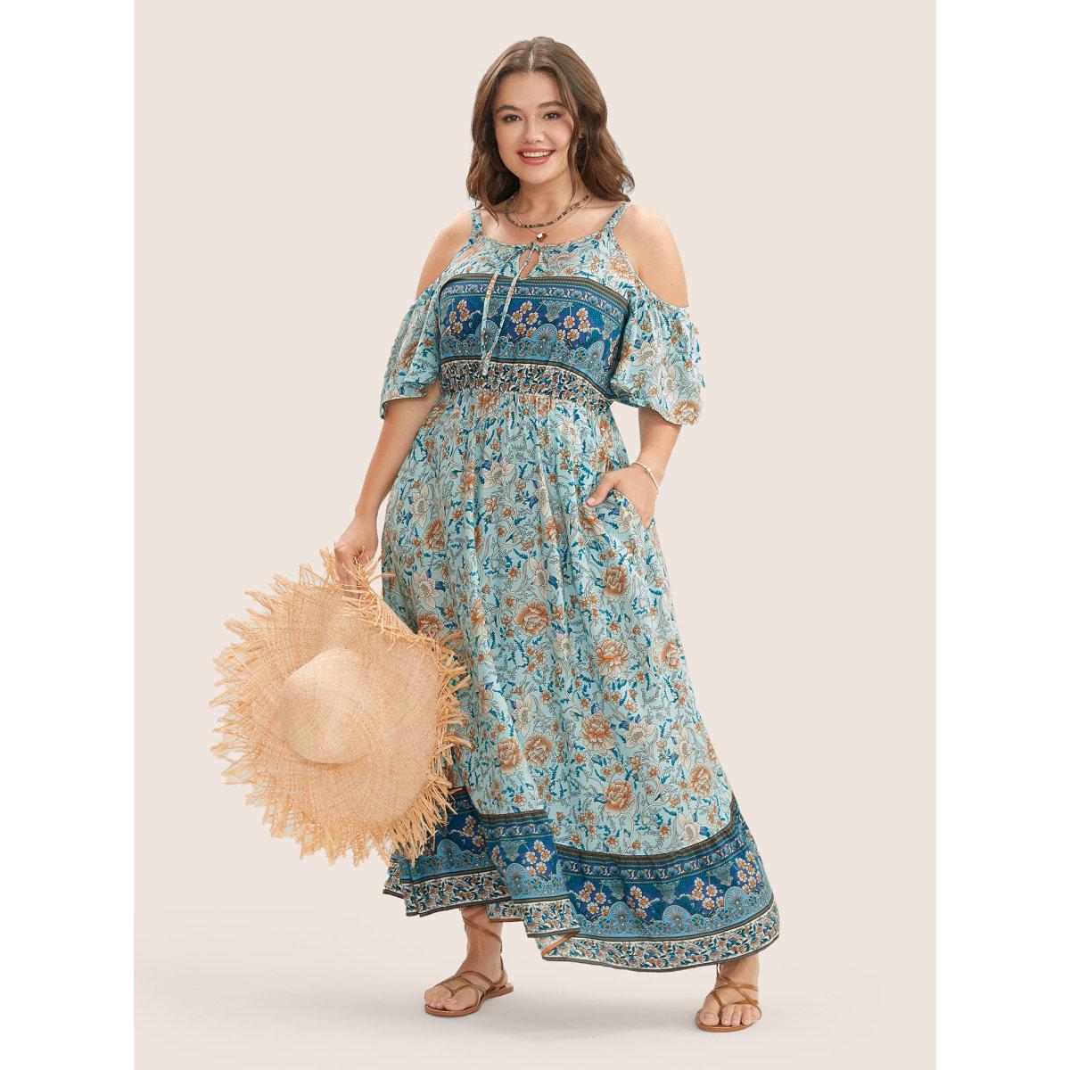 Plus Size Floral Print Pocket Keyhole Ruffles Cold Shoulder Maxi Dress Emerald Women Boho Non Non Half Sleeve Curvy Long Dress BloomChic 18-20/2X Product Image