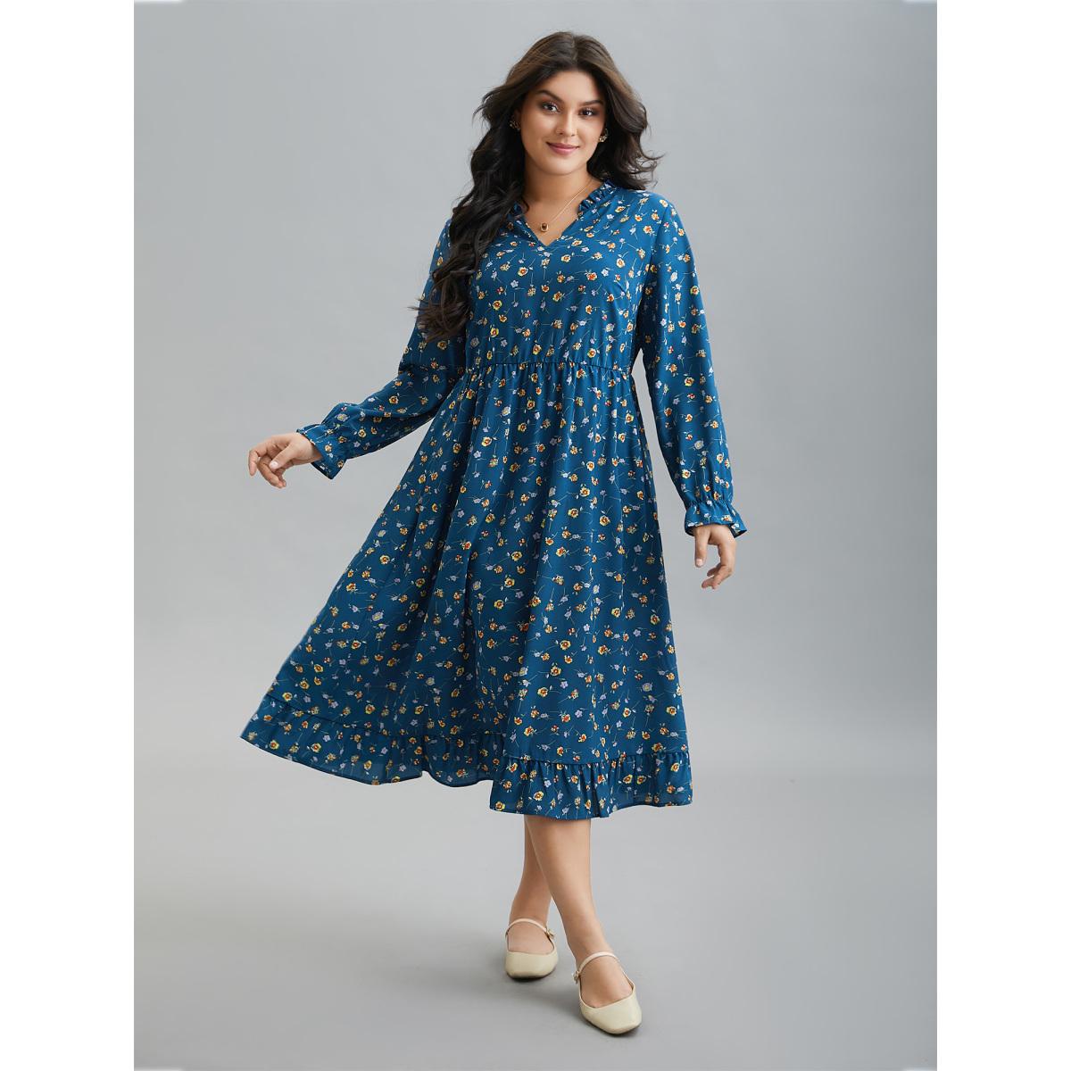 Plus Size Floral Print Collar Tiered Skirt Midi Dress Mediumblue Women Casual Frill Trim Flat collar with V-notch Long Sleeve Curvy BloomChic 22-24/3X Product Image