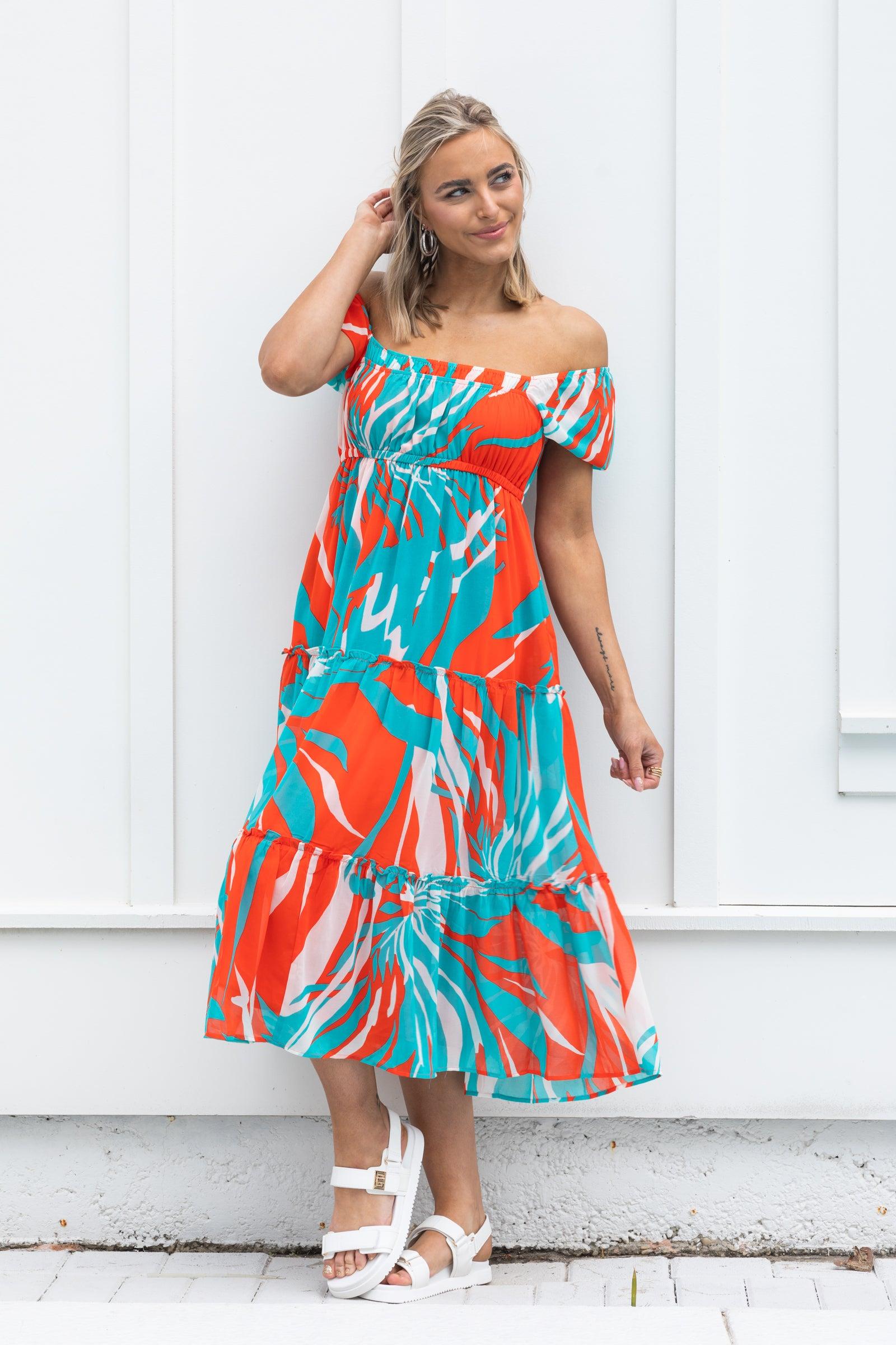 Orange And Aqua Abstract Chiffon Midi Dress Product Image