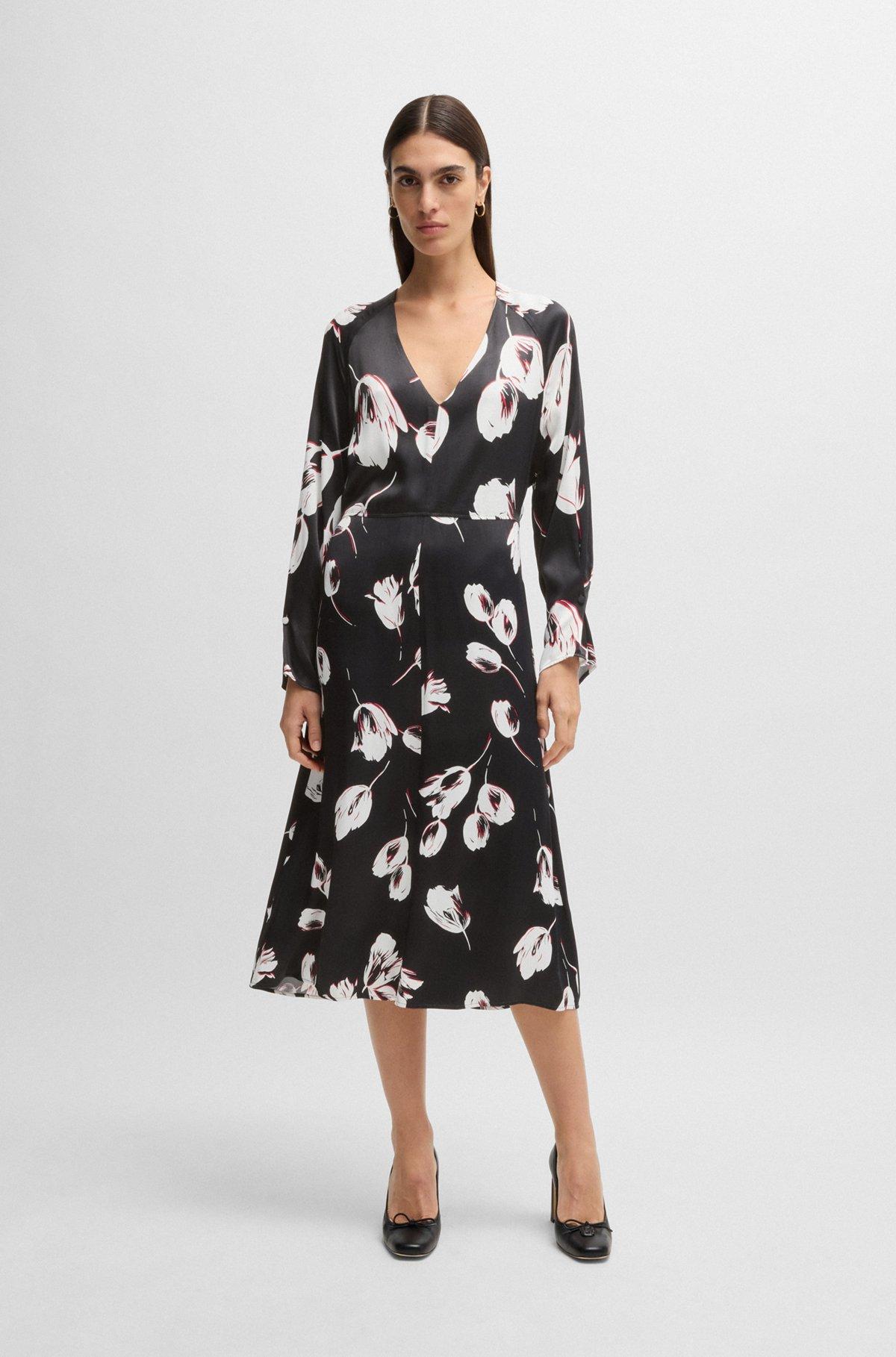 Satin V-neck dress with tulip print Product Image