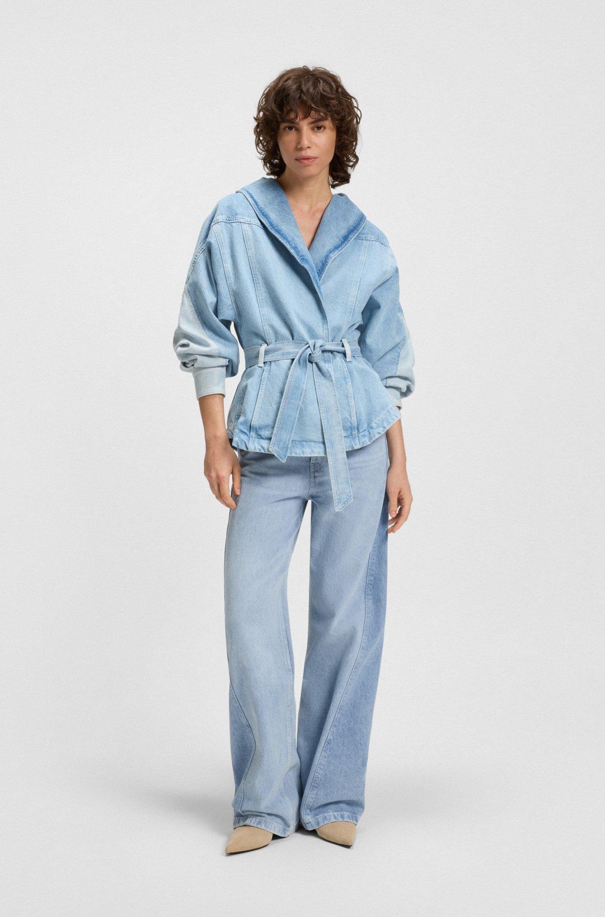 Wide-leg jeans in blue rigid denim with paneling Product Image