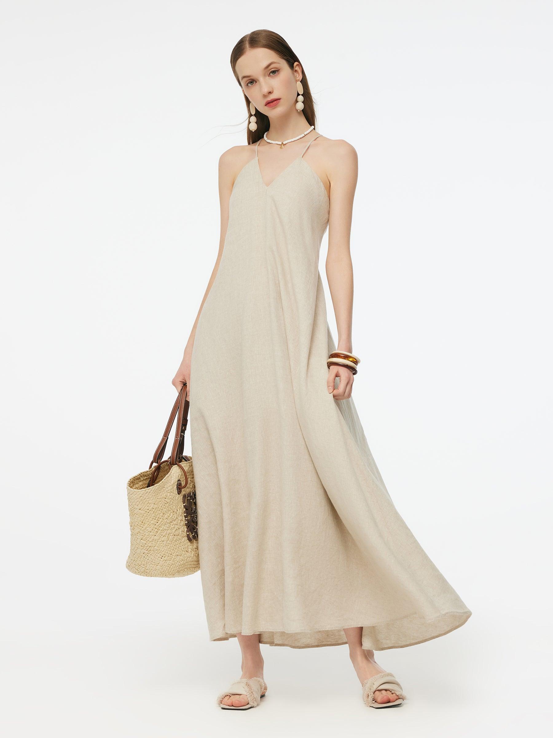 100% Linen Women Backless Strap Maxi Dress Product Image
